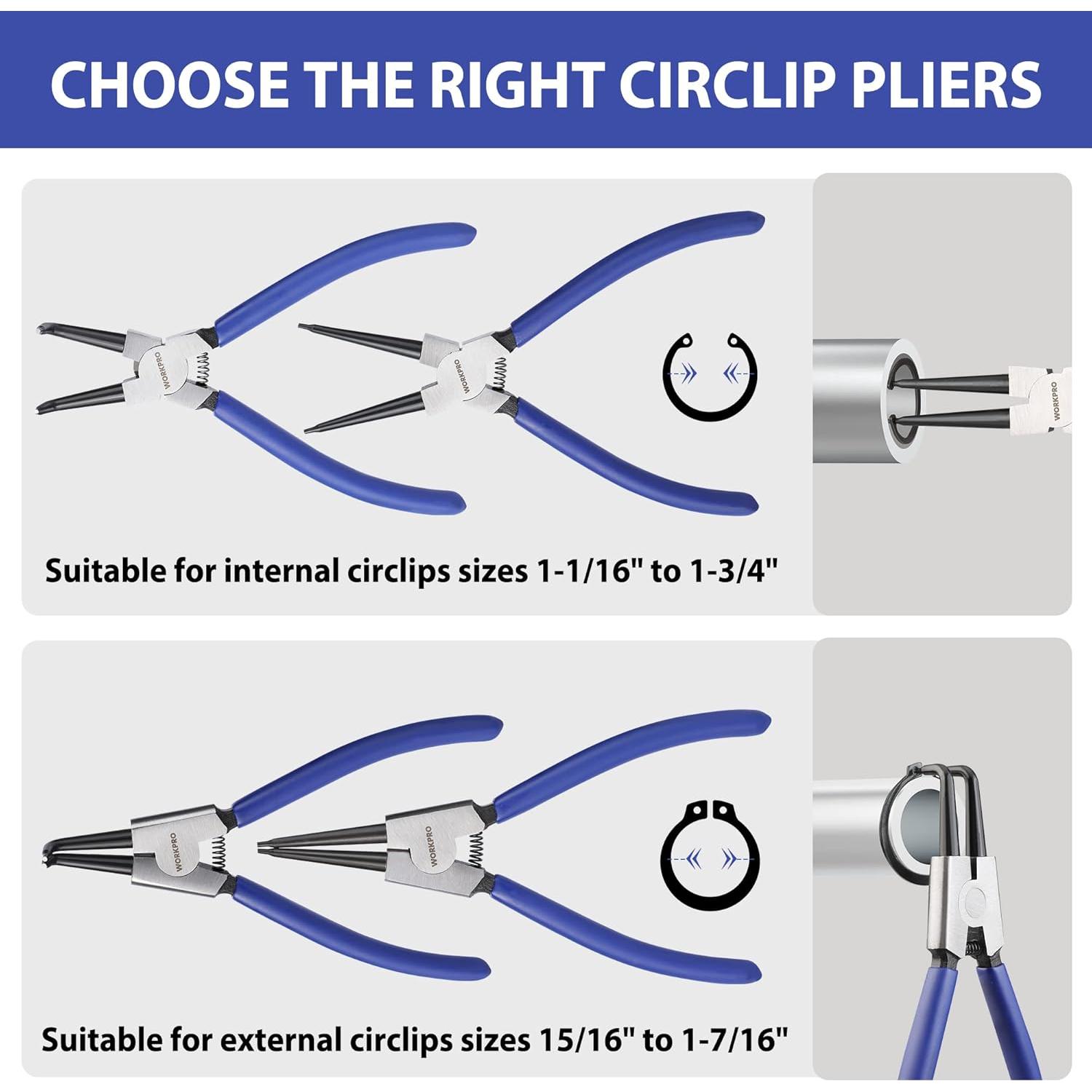 WORKPRO 4-Piece Snap Ring Pliers Set, 7-Inch Internal and External Circlip Pliers Kit with Straight and Bent Jaw, For Ring Remover Retaining, Storage Pouch Included, Father's Day Gifts