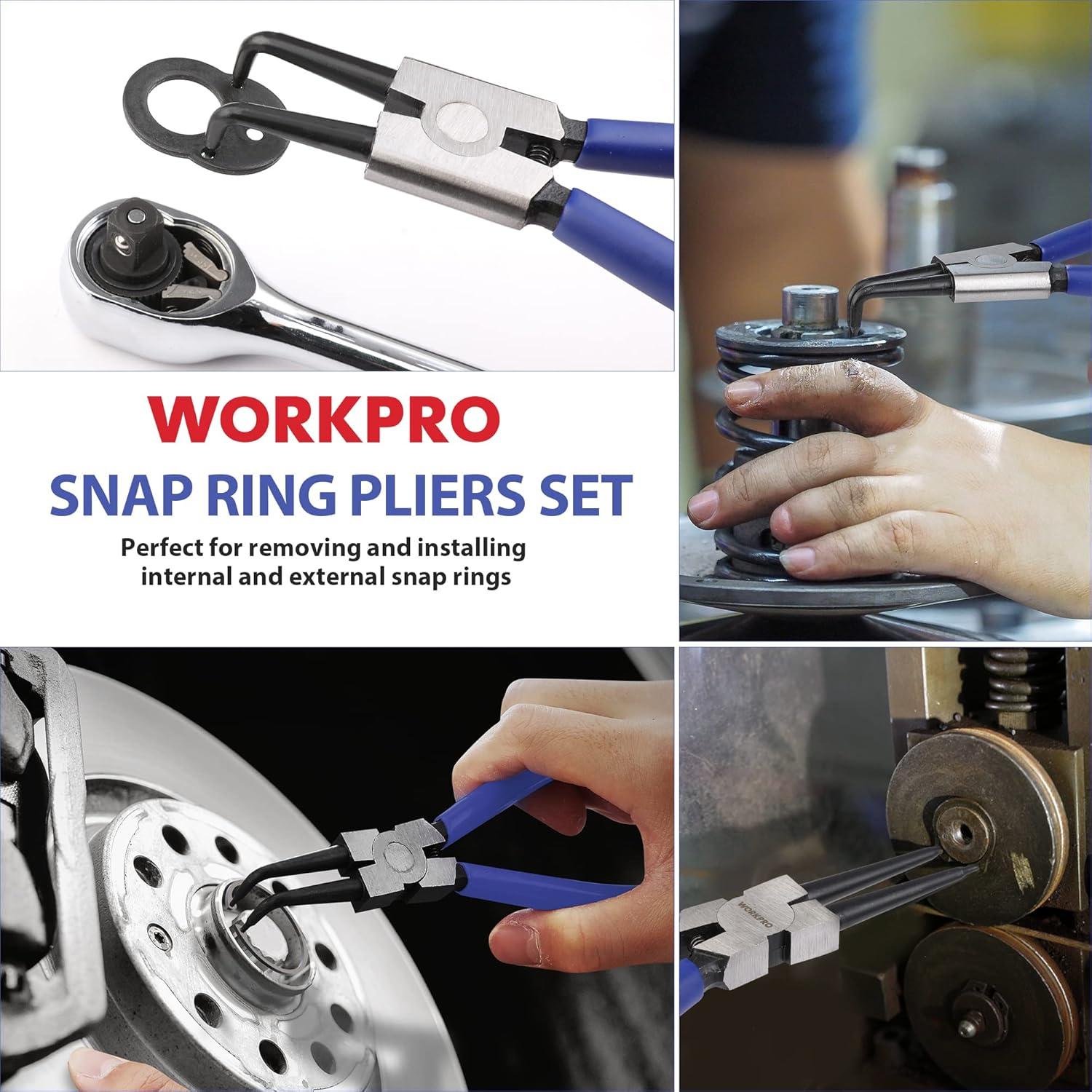 WORKPRO 4-Piece Snap Ring Pliers Set, 7-Inch Internal and External Circlip Pliers Kit with Straight and Bent Jaw, For Ring Remover Retaining, Storage Pouch Included, Father's Day Gifts