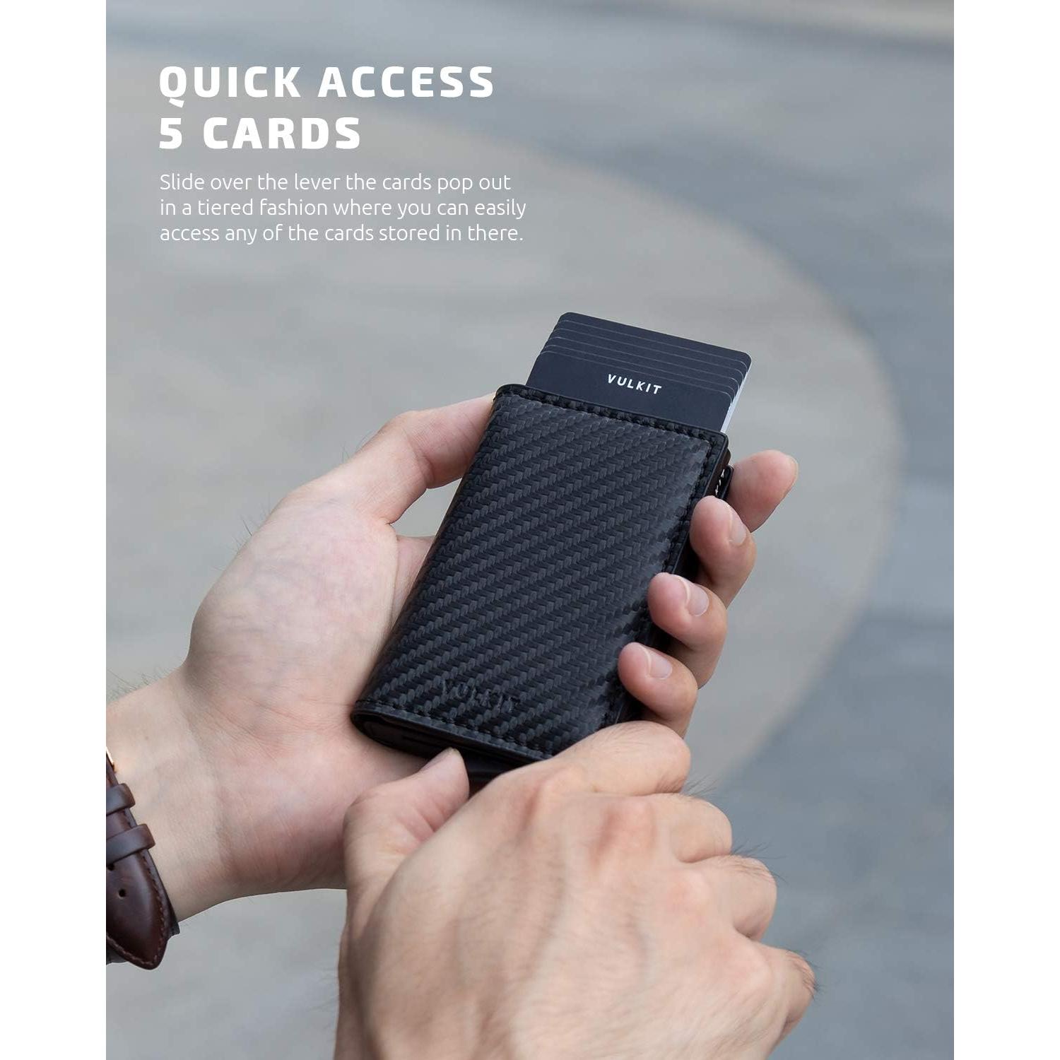 Tarjetero VULKIT RFID de Aluminio y Cuero Automático Negro