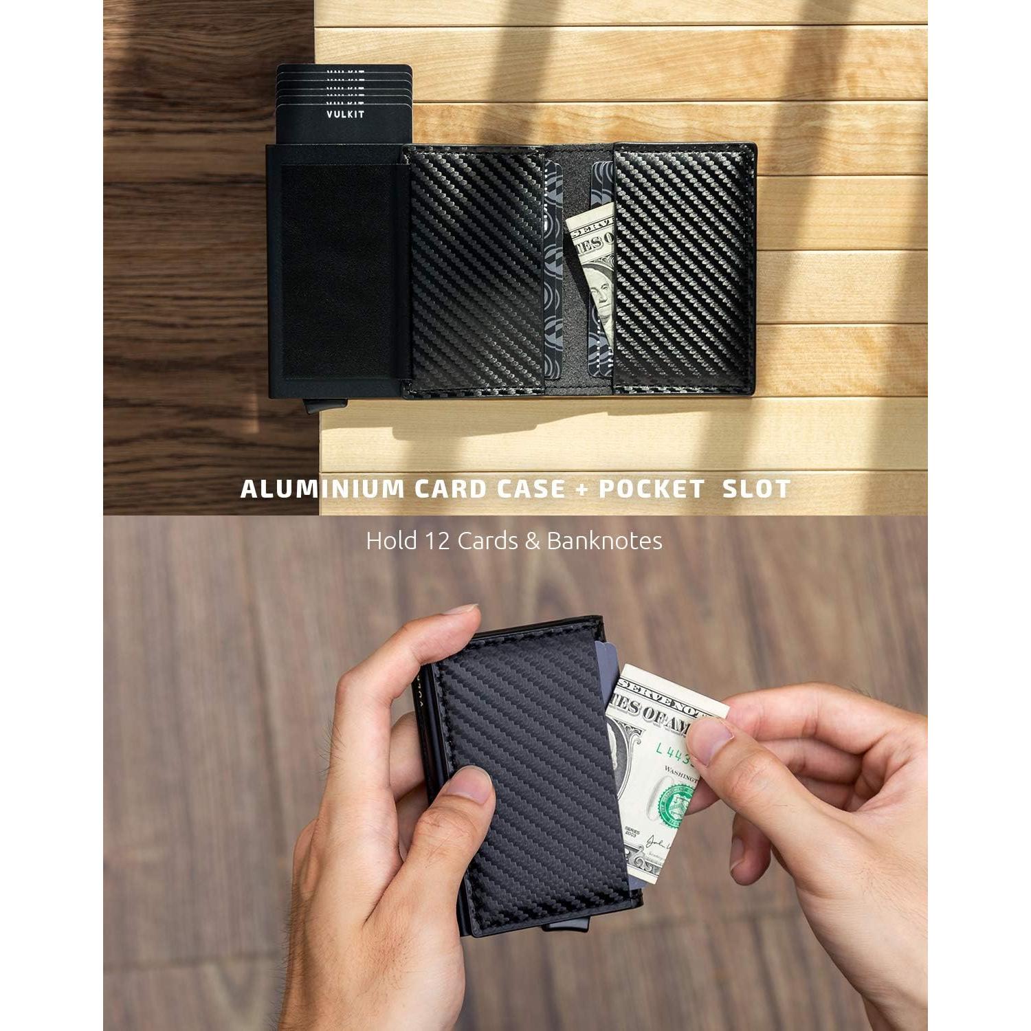 Tarjetero VULKIT RFID de Aluminio y Cuero Automático Negro