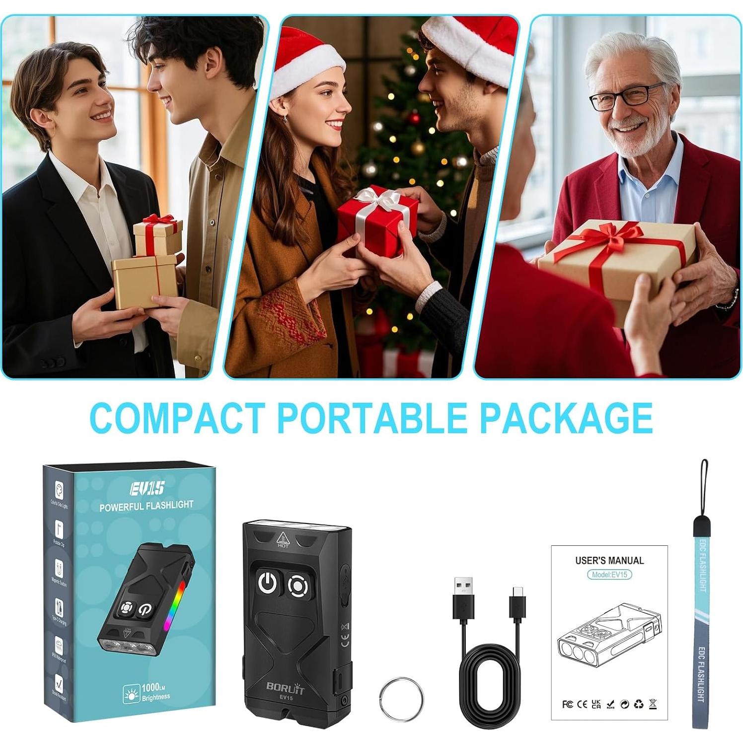 Linterna EDC BORUIT EV15 USB-C 1000 Lúmenes IP65 Negra