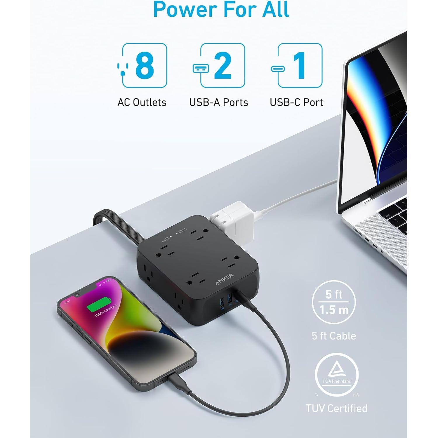 Regleta de Alimentación Anker 341, 8 Salidas, 1.5m, USB-C 20W