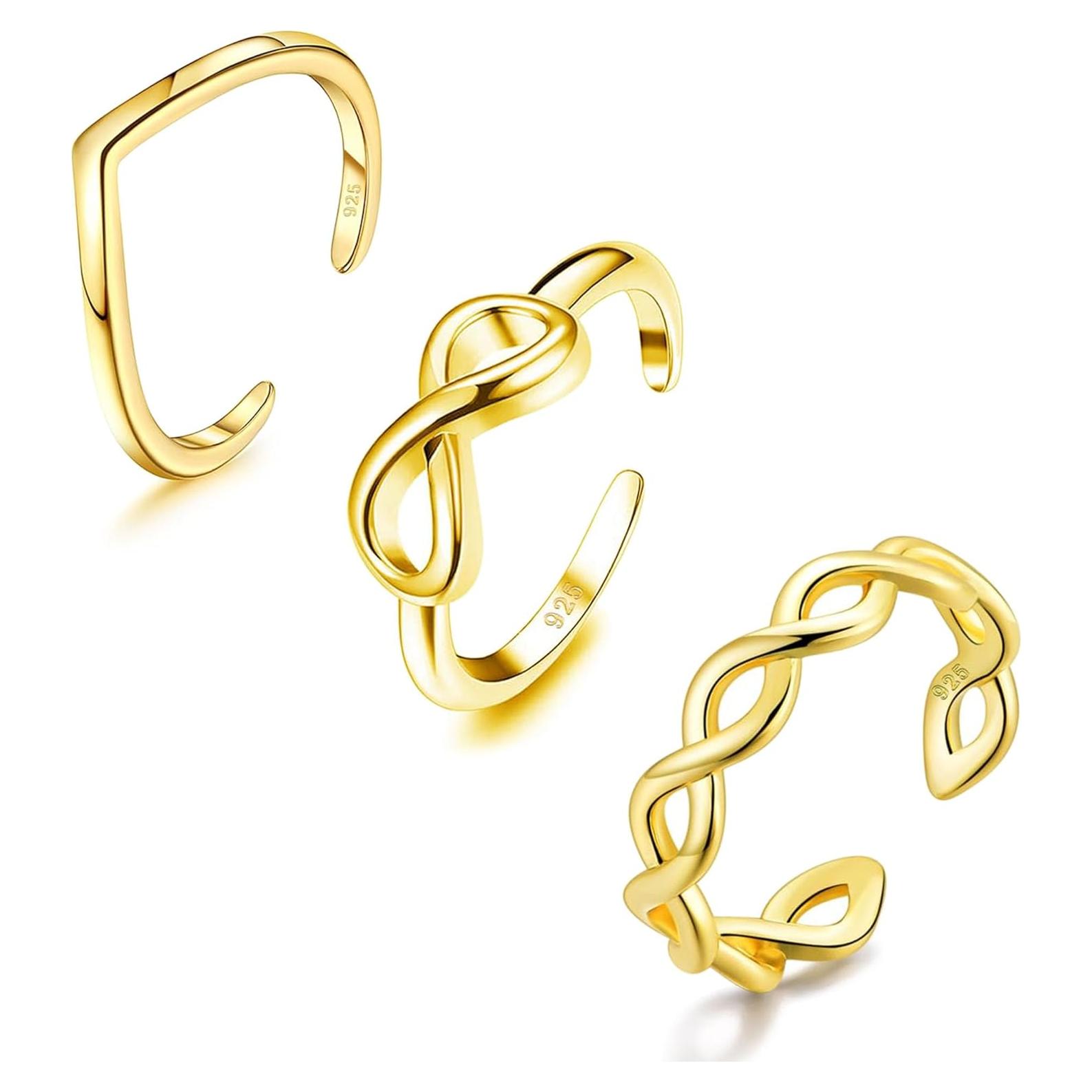 Conjunto de 3 Anillos Ajustables de Oro 14K para Mujeres