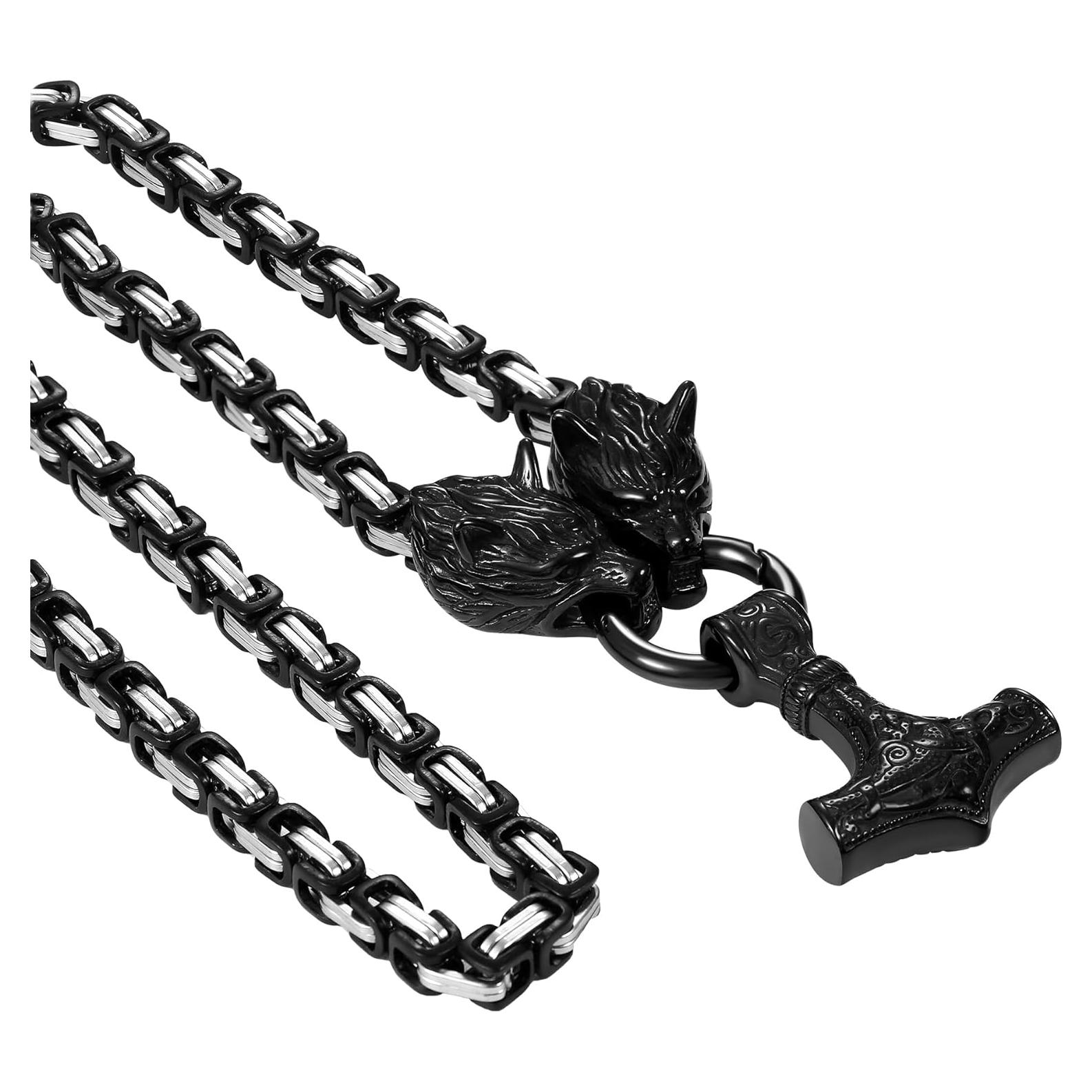 Collar Vikingo OIDEA Martillo de Thor con Cadena de Lobo 71cm