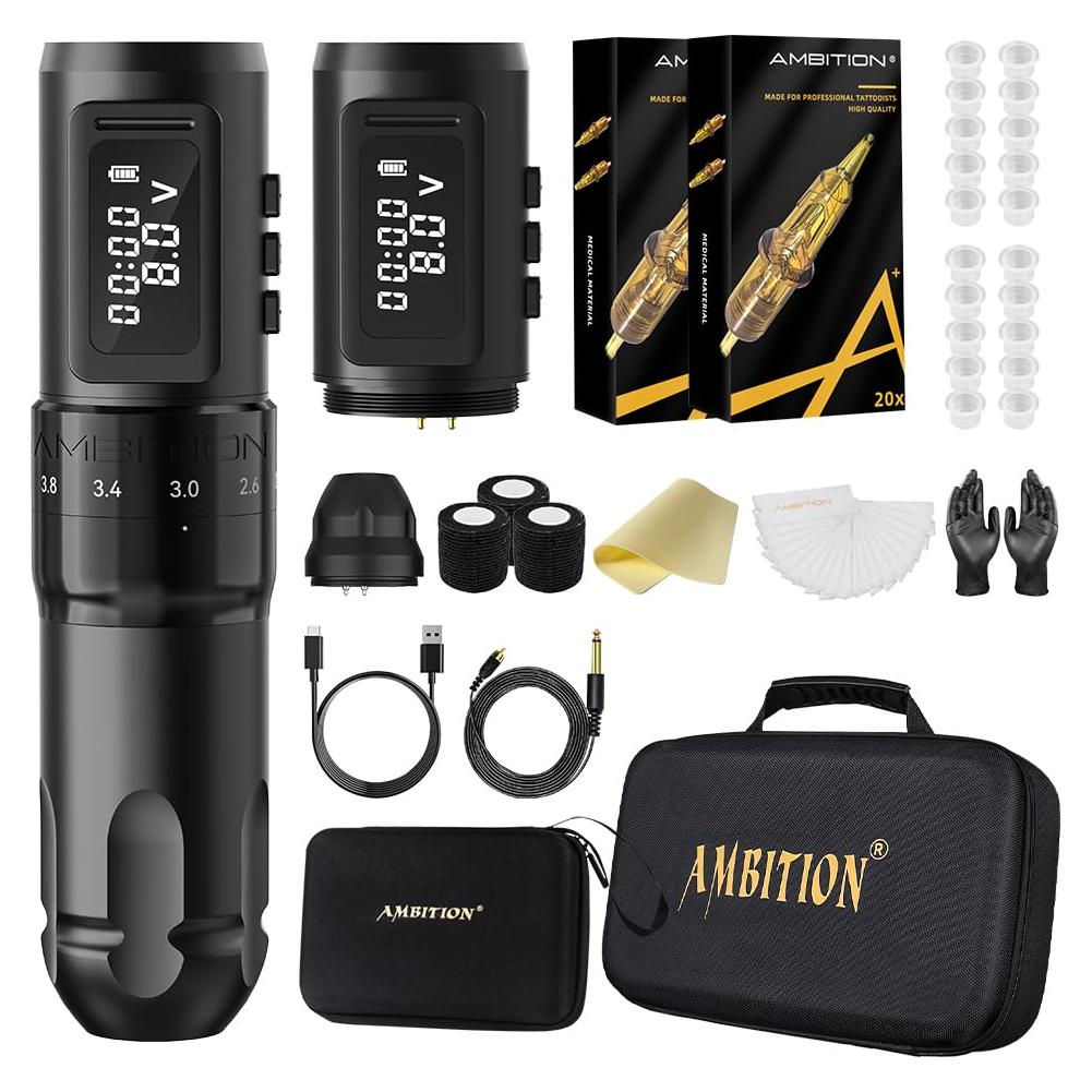 Kit de Tatuaje Inalámbrico Ambition Mars-U 1800mAh con Agujas