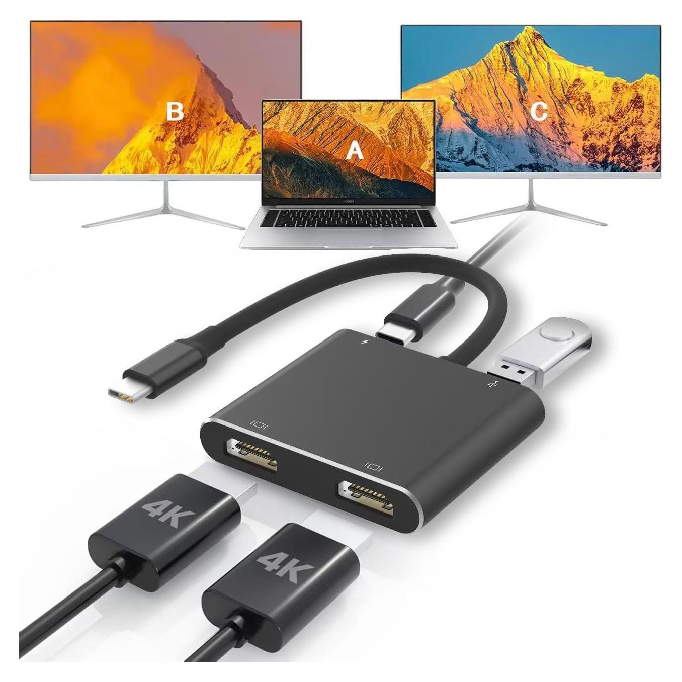 Adaptador USB-C a Doble HDTV Fophmo 4K 60Hz 100W Carga Rápida