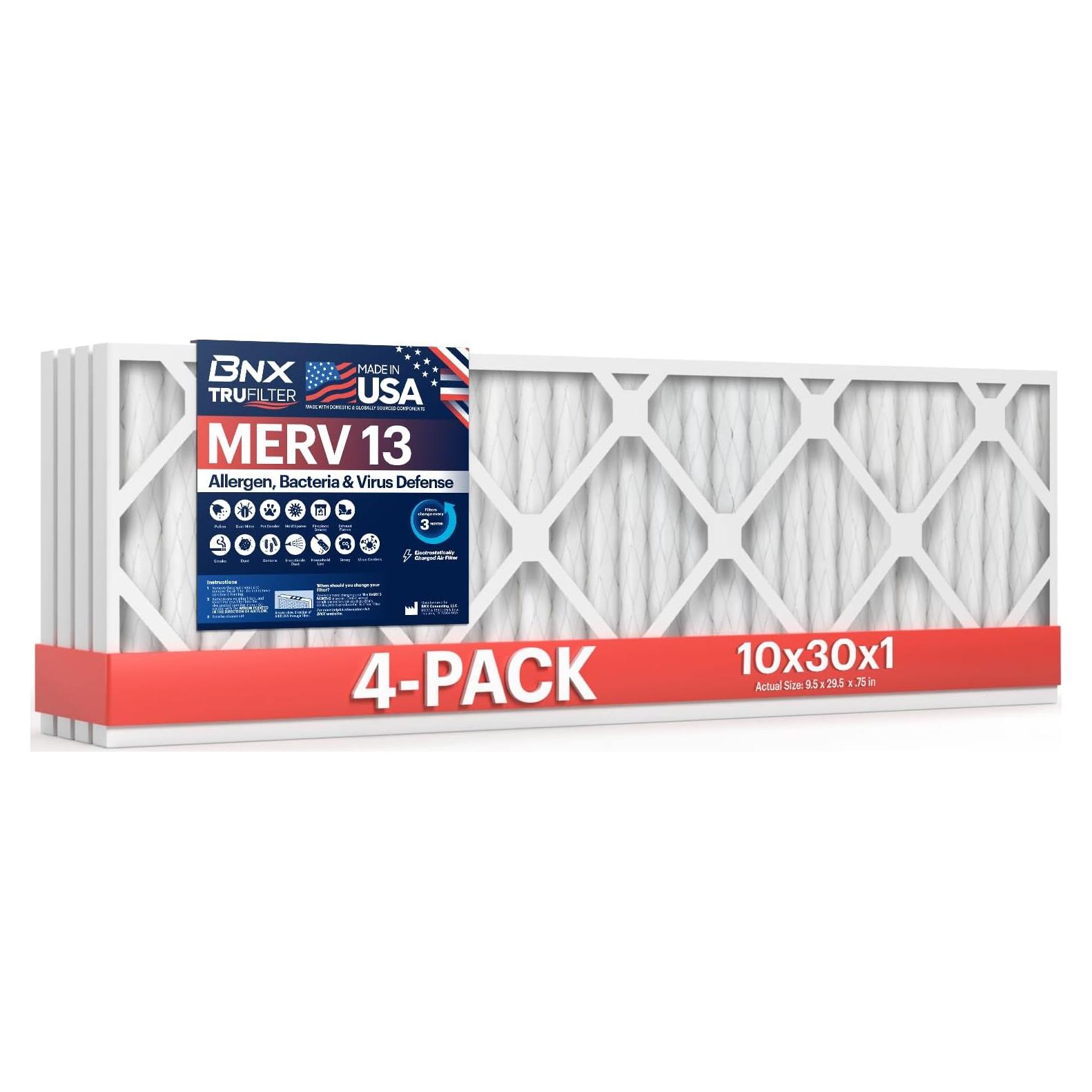 Filtro de Aire BNX MERV 13 10x30x1 (Paquete de 4) HECHO EN EE. UU.