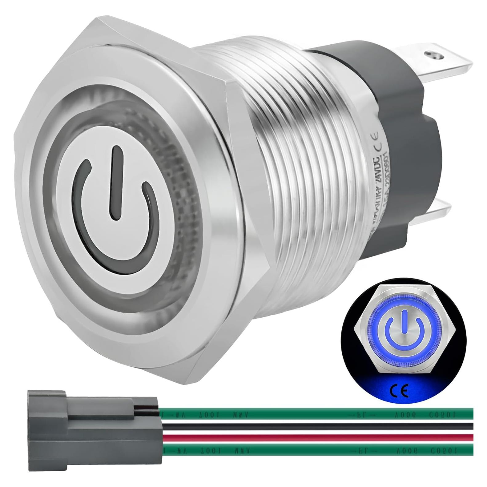Interruptor de Botón ZJWZJH 15A 19mm 12/24V DC IP67 LED Azul