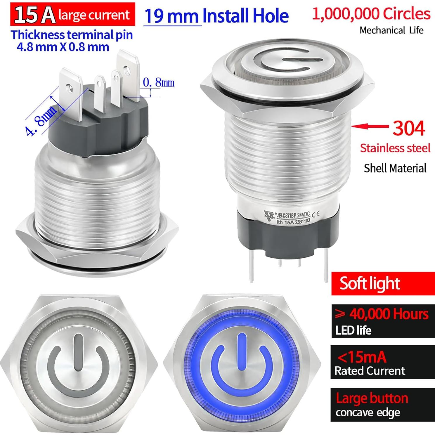 Interruptor de Botón ZJWZJH 15A 19mm 12/24V DC IP67 LED Azul