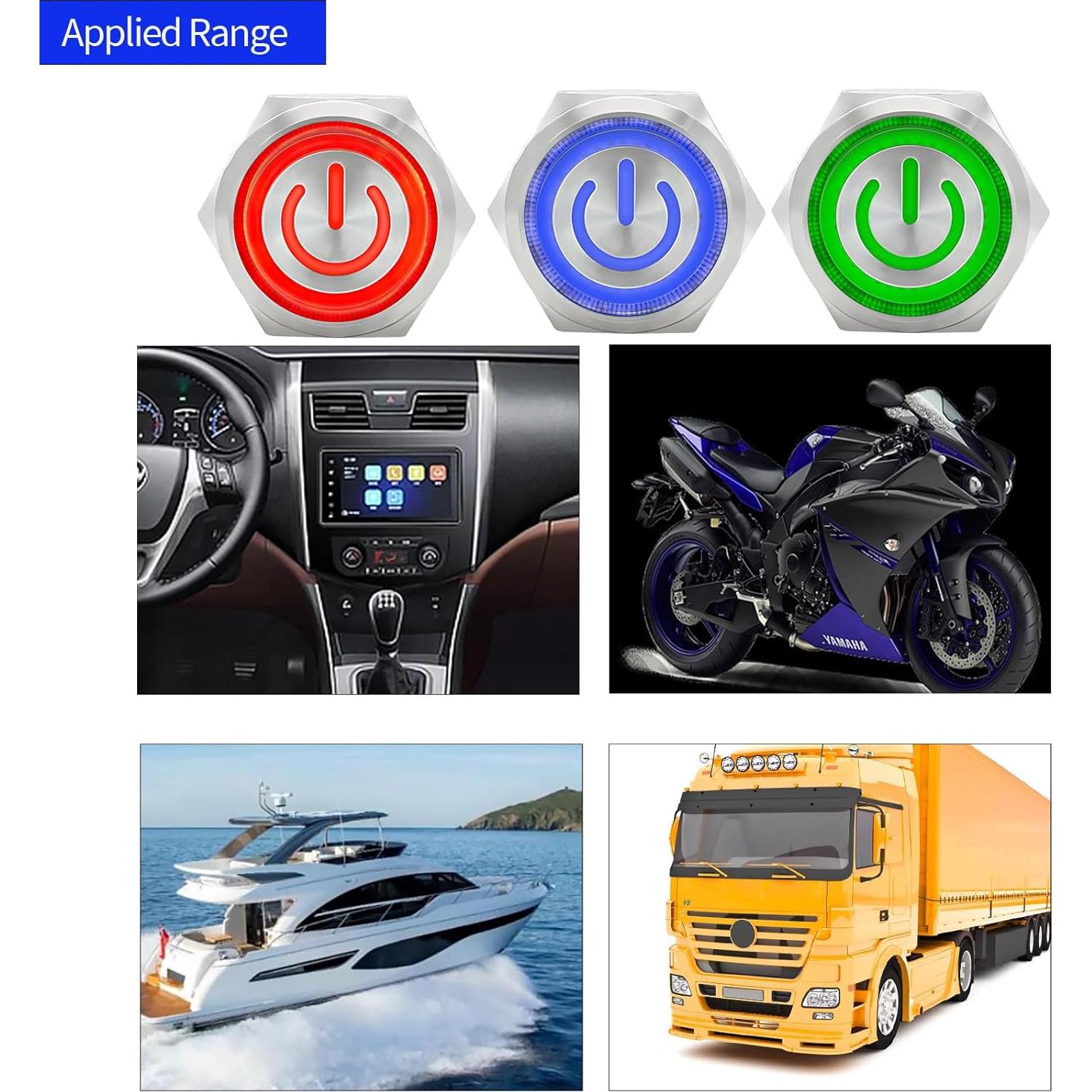 Interruptor de Botón ZJWZJH 15A 19mm 12/24V DC IP67 LED Azul