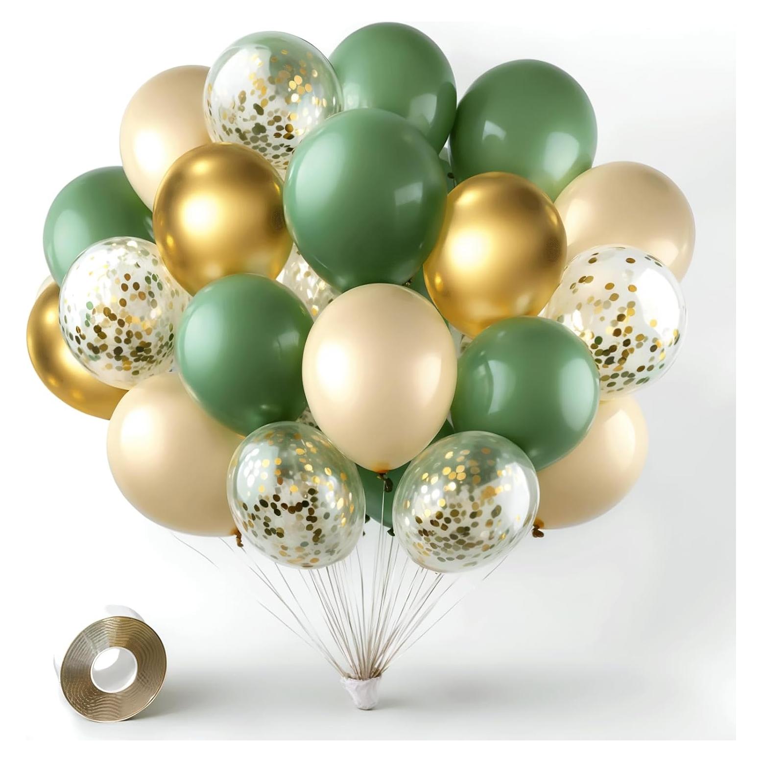 Globos de Confeti Verde Salvia y Dorado - 50 pcs 30 cm