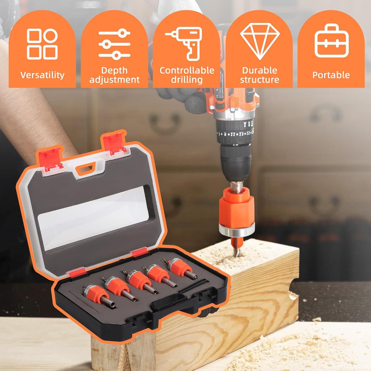 Juego de 5 Brocas de Avellanado Kauwm con Profundidad Ajustable