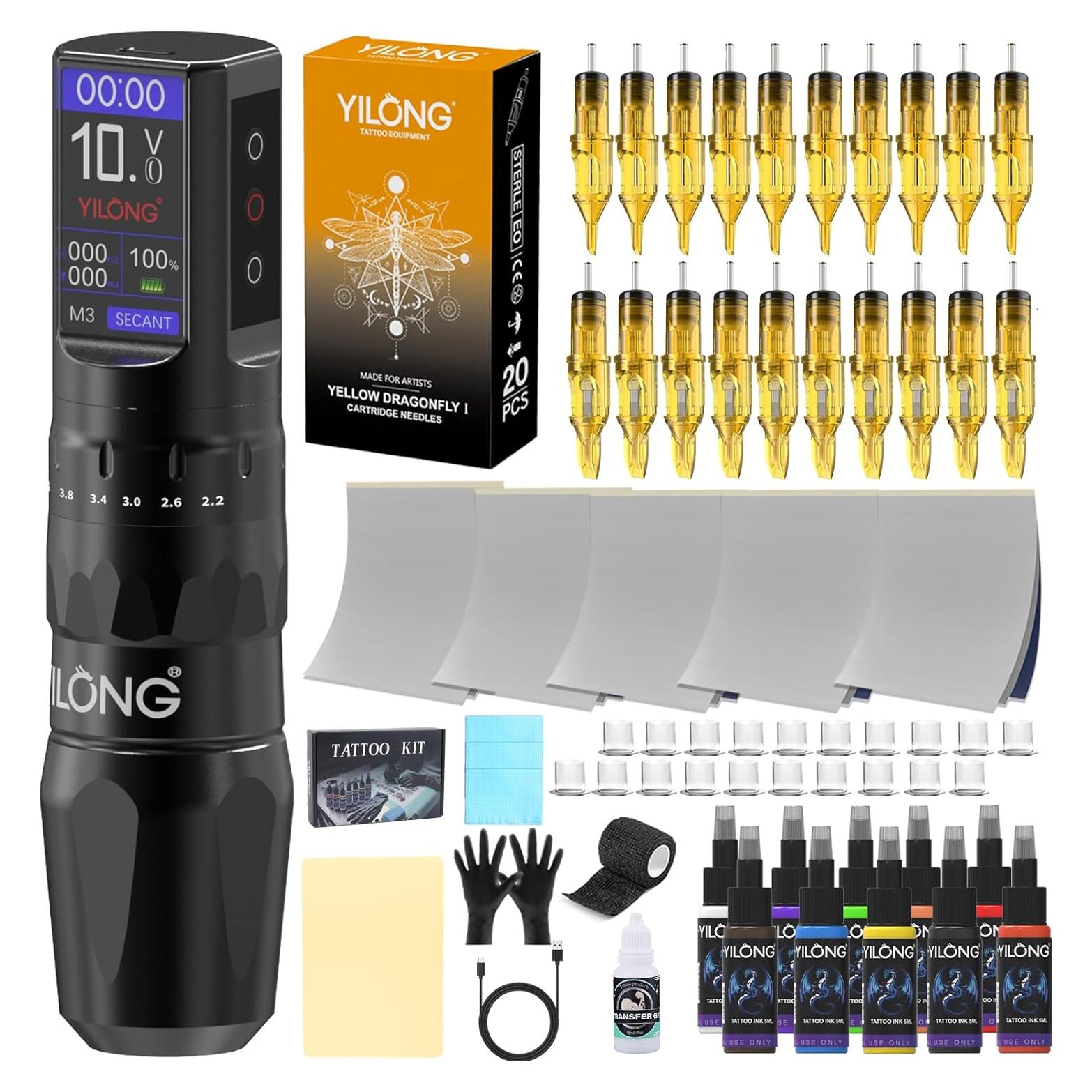 Kit de Tatuaje Inalámbrico YILONG con Pantalla LCD y 20 Agujas
