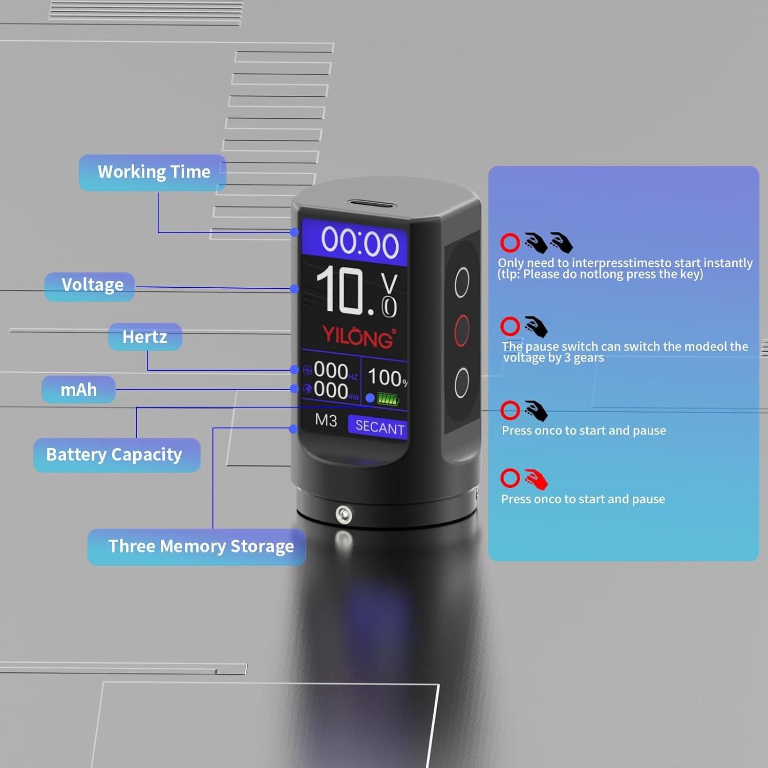 Kit de Tatuaje Inalámbrico YILONG con Pantalla LCD y 20 Agujas