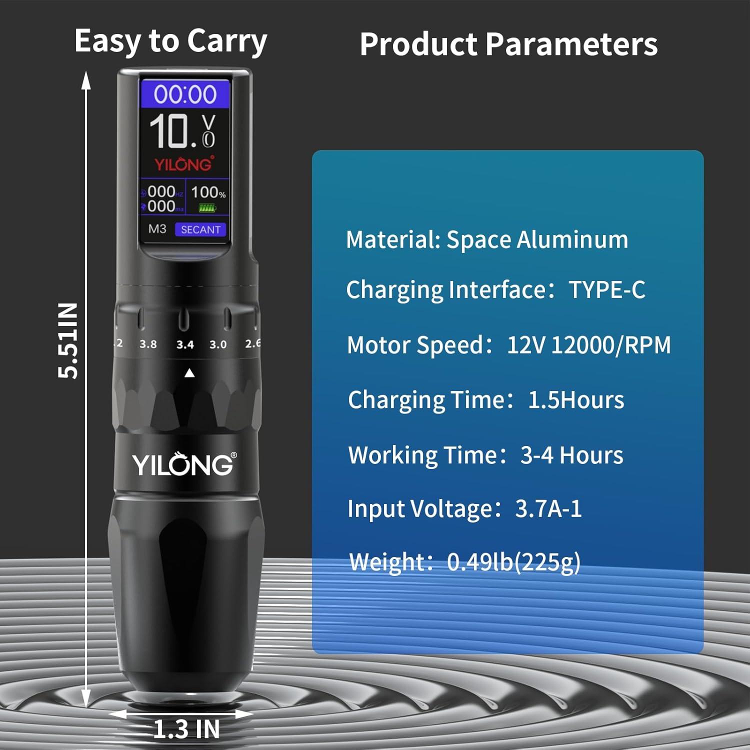 Kit de Tatuaje Inalámbrico YILONG con Pantalla LCD y 20 Agujas