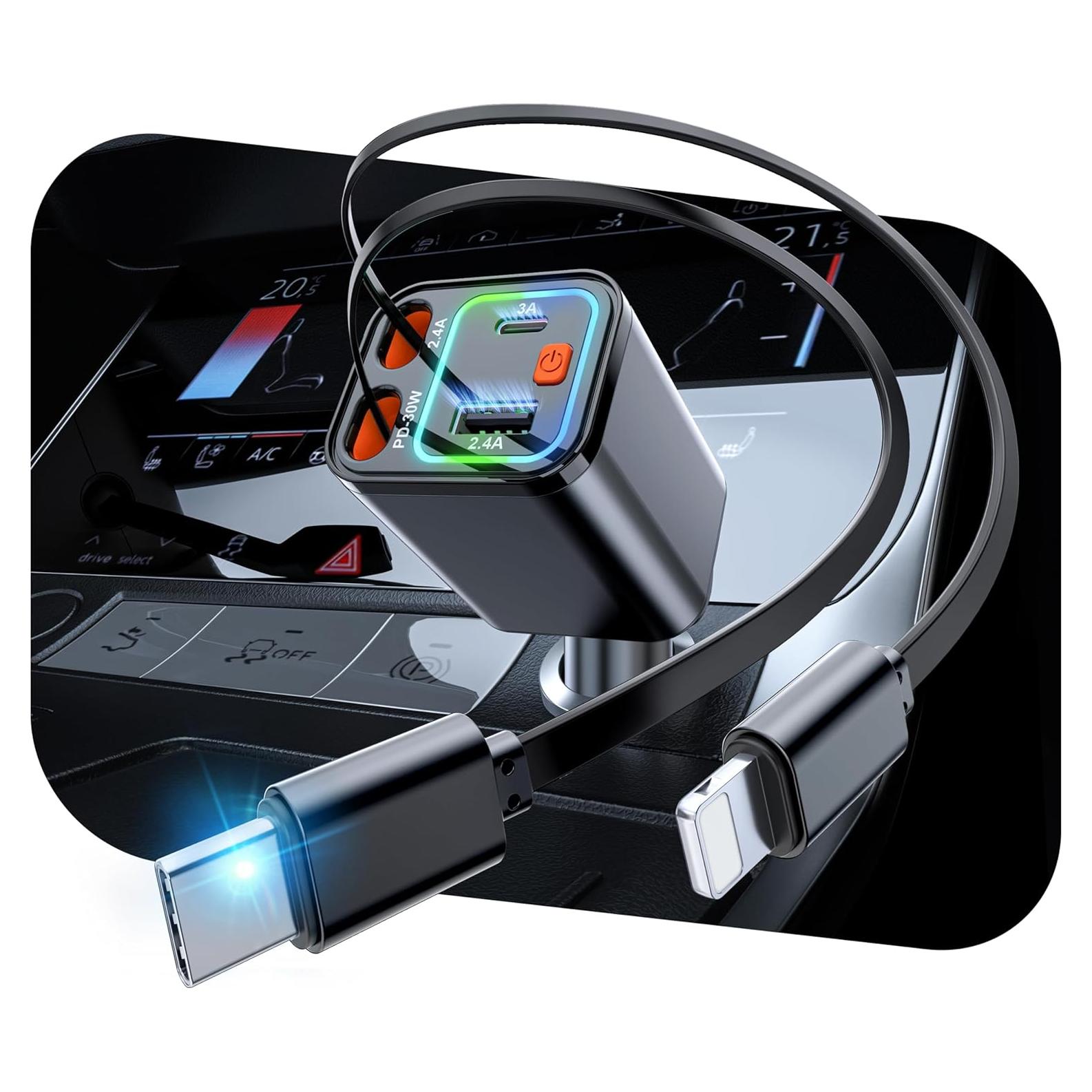 Cargador de Coche 84W CSODINCE 4 en 1 con Cables Retráctiles