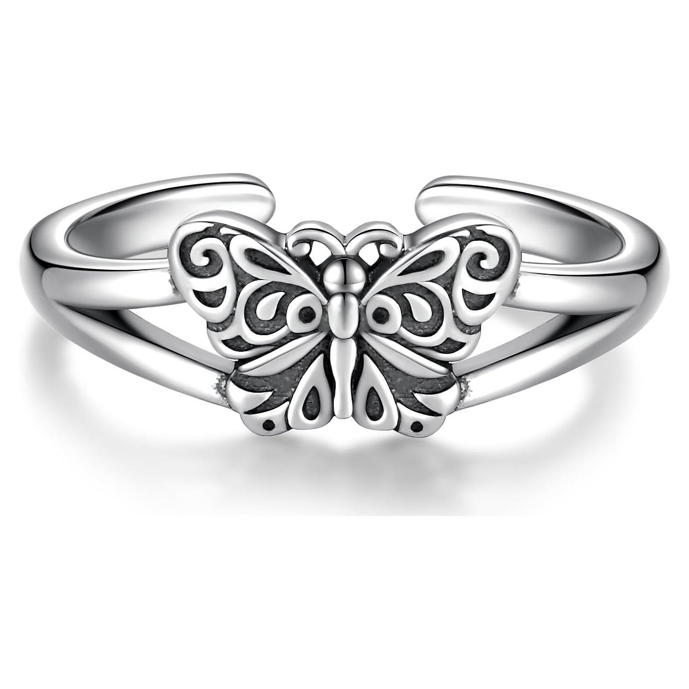 Anillo de Dedo Ajustable de Plata Esterlina 925 Mariposa