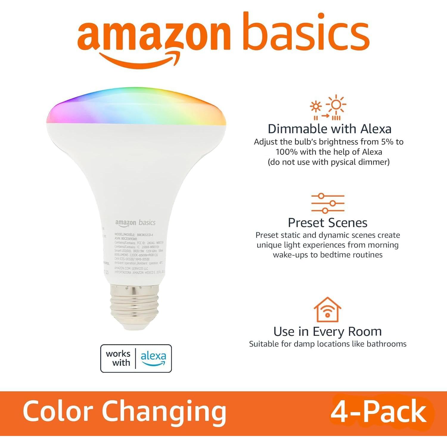 Bombilla LED inteligente Amazon Basics BR30, 9W, RGBW, 800LM, 4 unidades