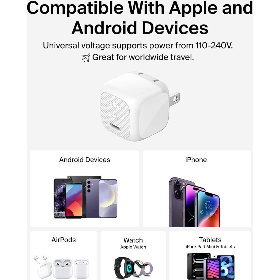 Cargador de Pared USB-C Belkin 20W + 2 Cables USB-C - Blanco