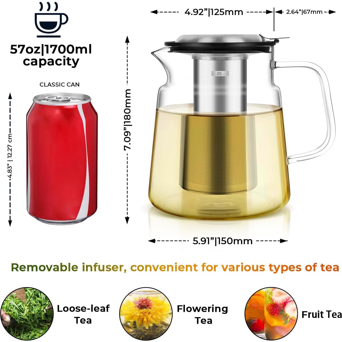 Tetera de Vidrio Aquach 1.68L con Infusor Acero Inoxidable