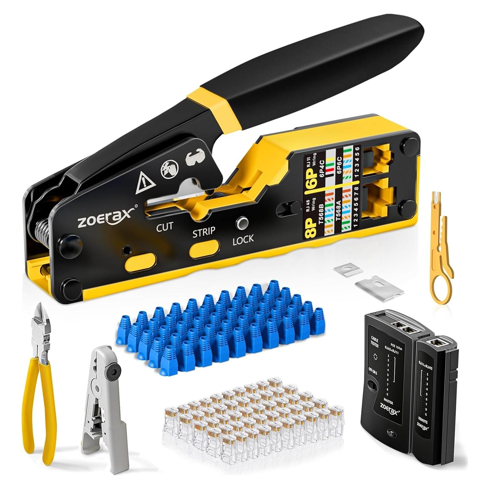 Kit de Crimpado RJ45 ZOERAX 8 en 1 con 50 Conectores Cat6