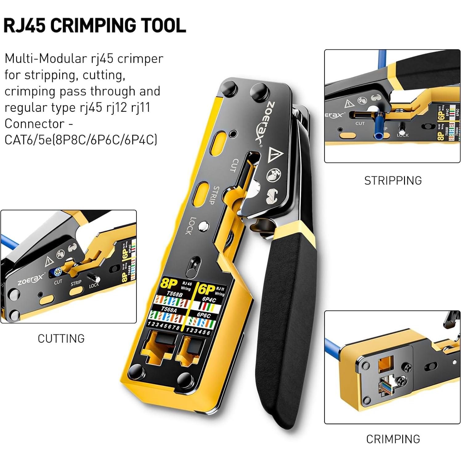 Kit de Crimpado RJ45 ZOERAX 8 en 1 con 50 Conectores Cat6