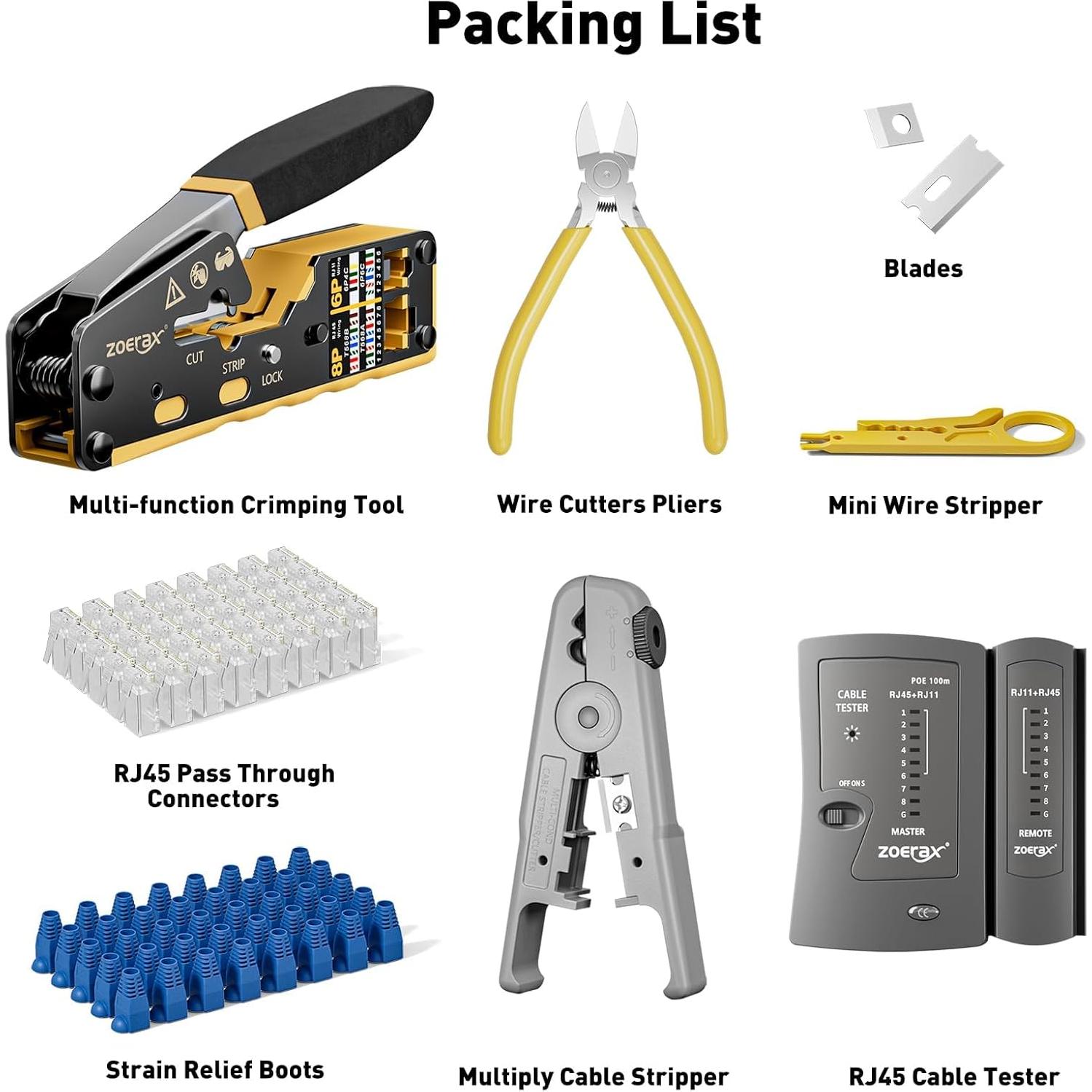 Kit de Crimpado RJ45 ZOERAX 8 en 1 con 50 Conectores Cat6