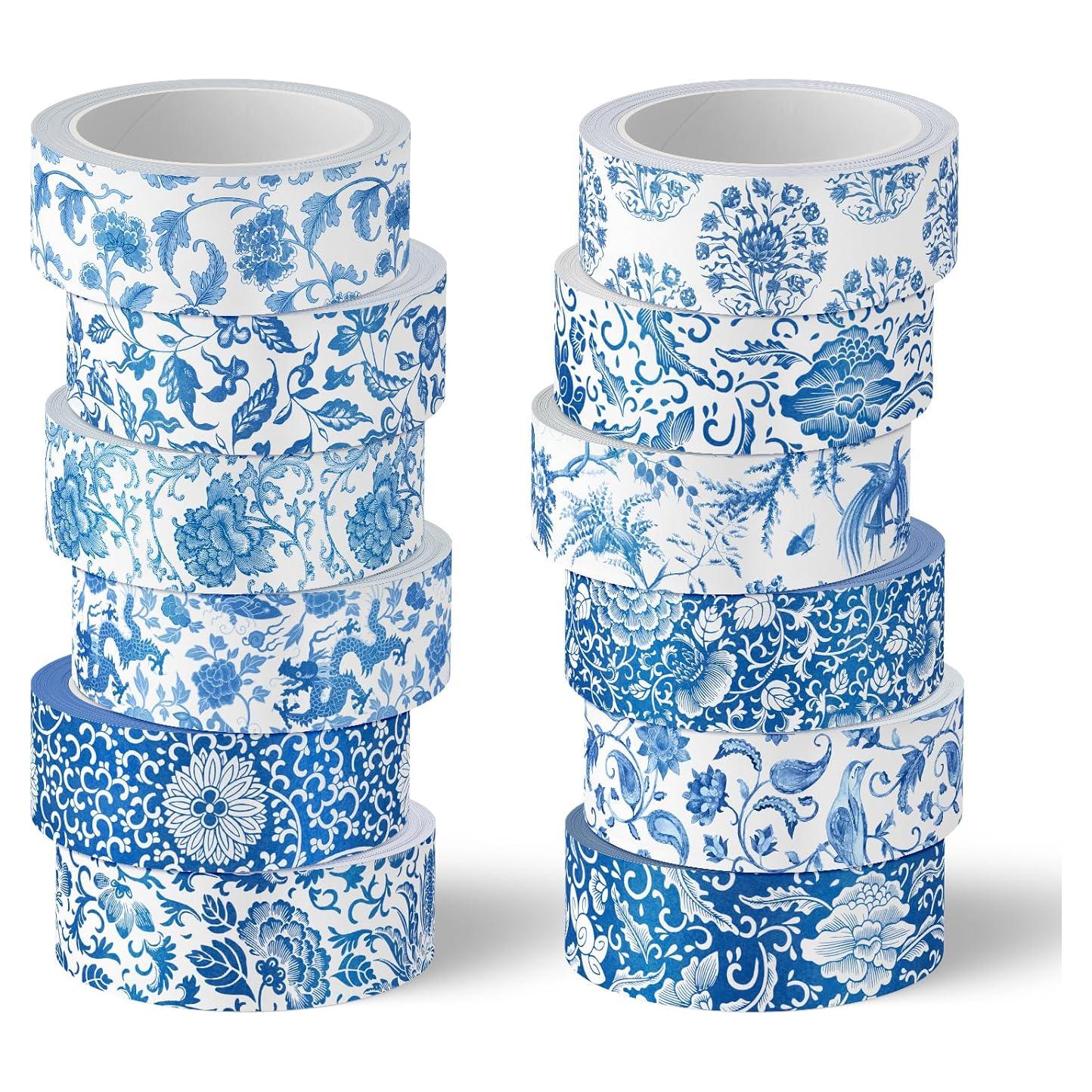 Cinta Washi Floral Azul Whaline - 12 Rollos 1.5cm x 5m