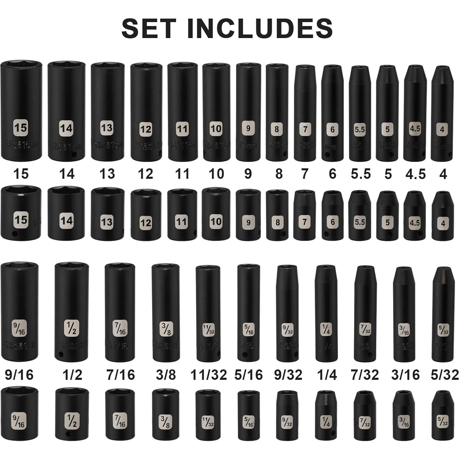 Juego de Enchufes de Impacto Mayouko 50PCS 1/4" Metrico/SAE