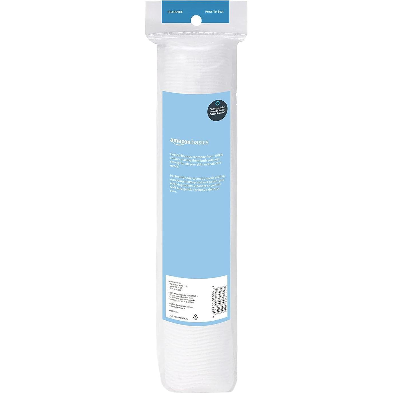 Amazon Basics Hypoallergenic 100% Cotton Rounds for Makeup Removal and Skincare, 100 Count, 1 Pack