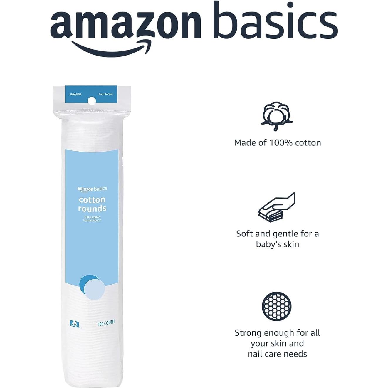 Amazon Basics Hypoallergenic 100% Cotton Rounds for Makeup Removal and Skincare, 100 Count, 1 Pack