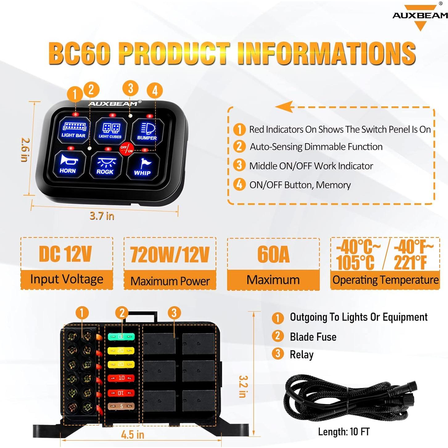 Panel de Interruptores Auxbeam BC60 6 Gang Azul 720W 60A