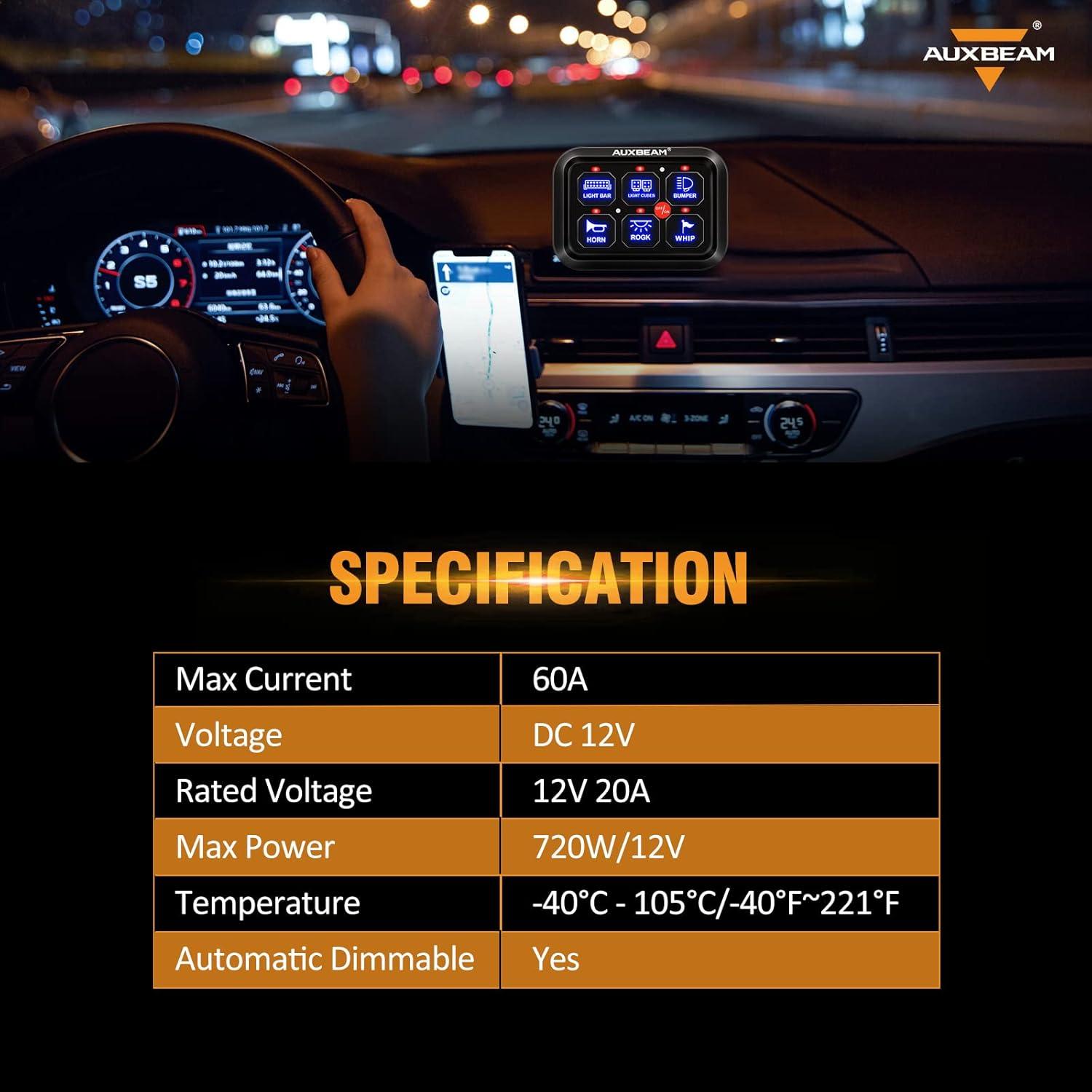 Panel de Interruptores Auxbeam BC60 6 Gang Azul 720W 60A