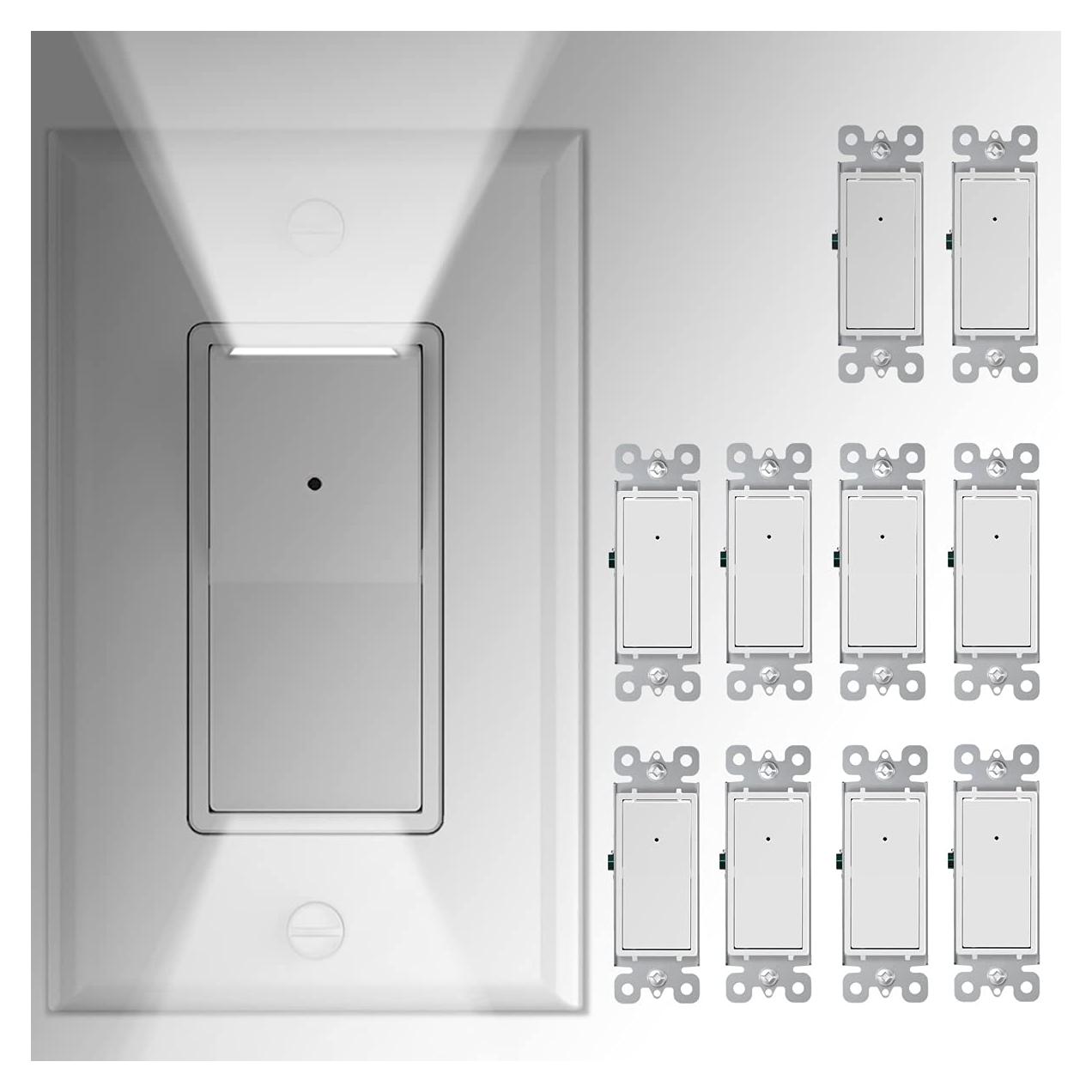 Paquete de 10 Interruptores de Pared SOZULAMP 3 Vías con Luz Nocturna LED 15Amp