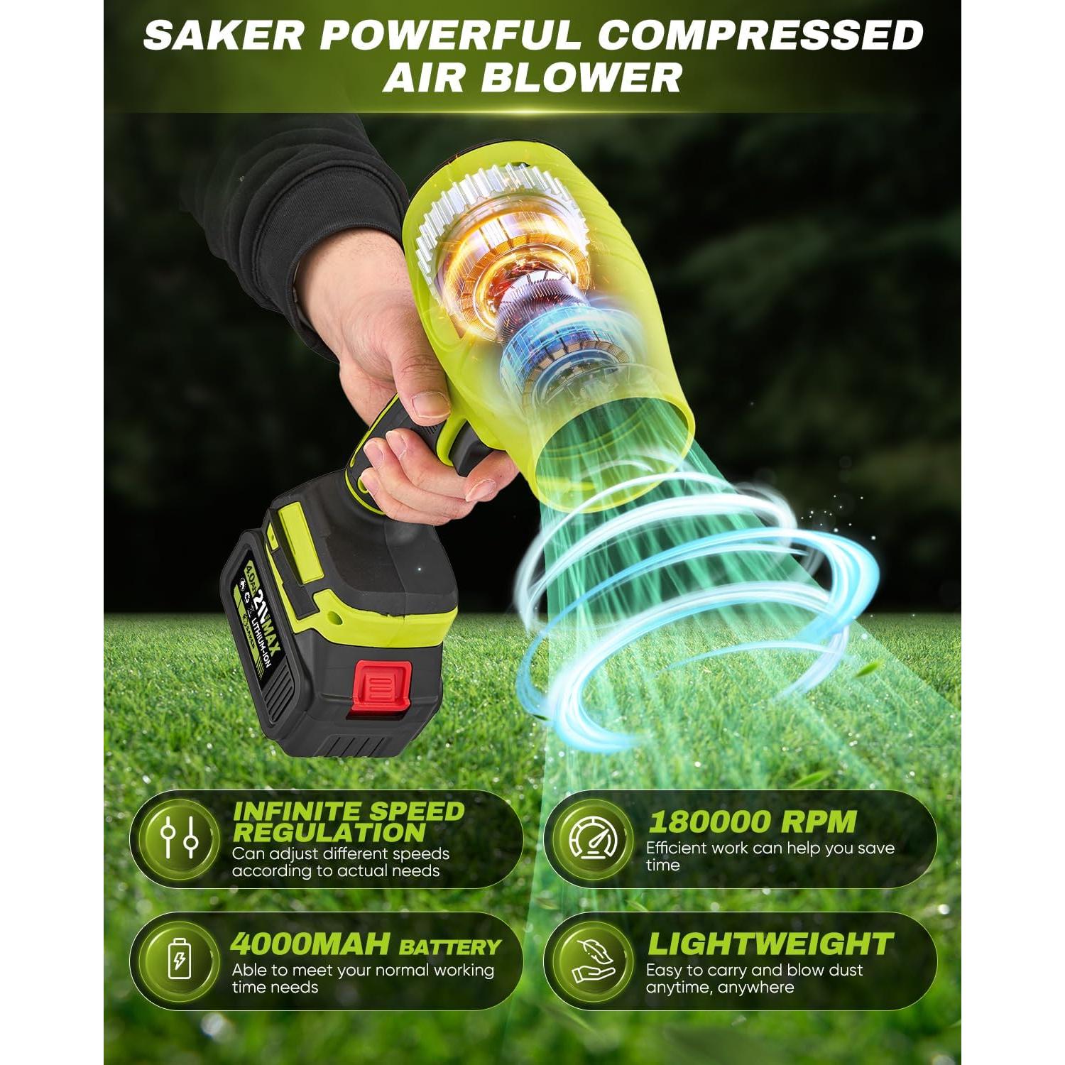 Soplador de Hojas Inalámbrico Saker Verde 21V 2 Baterías