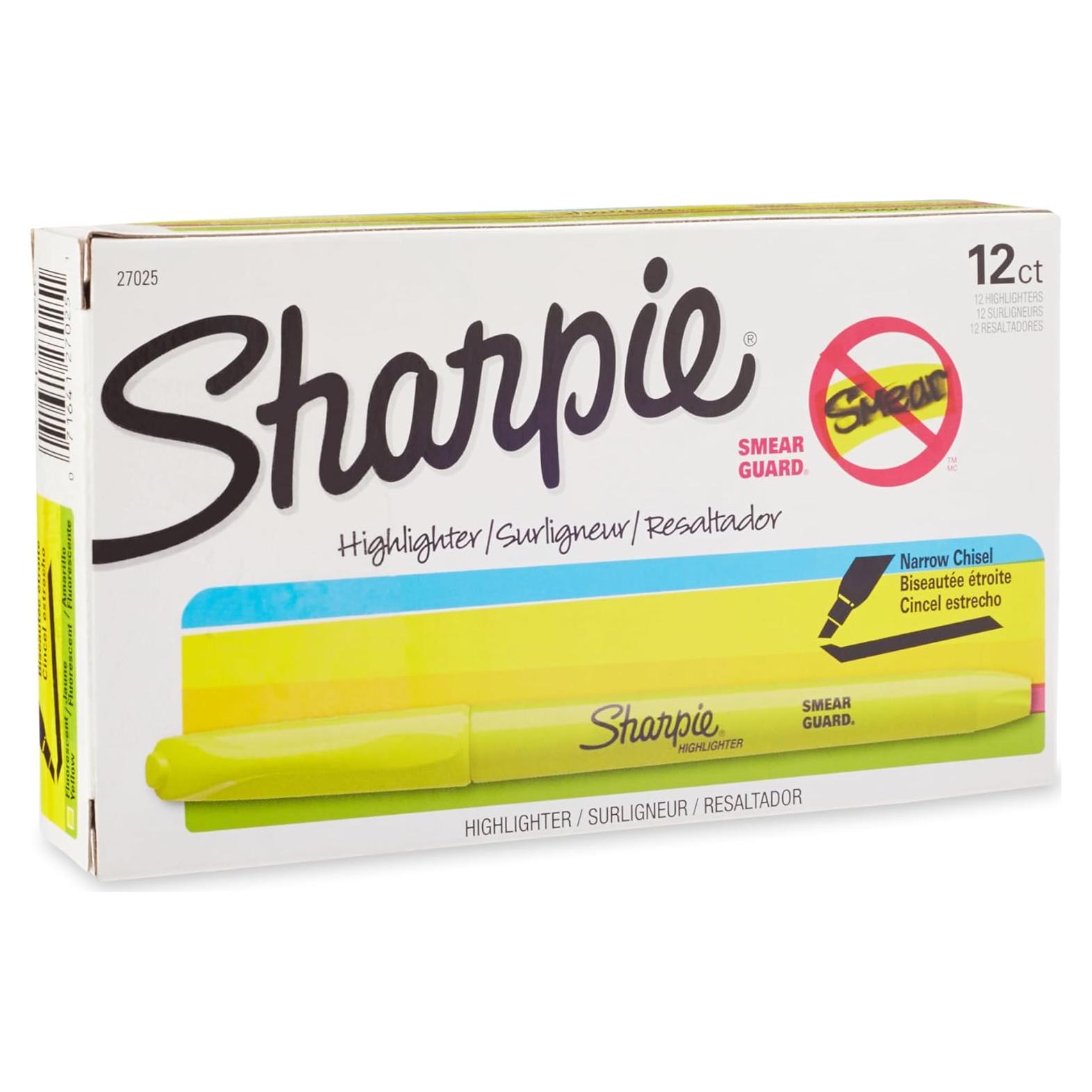Marcadores de Resaltador Sharpie Pocket, Punta Cincel, Amarillo Fluorescente, Caja de 12
