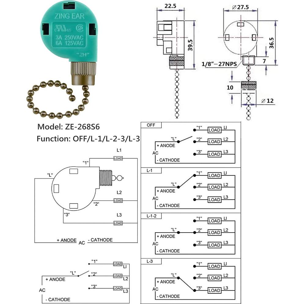 Interruptor de Cadena de Tirar Zing Ear ZE-268S6 3 Velocidades