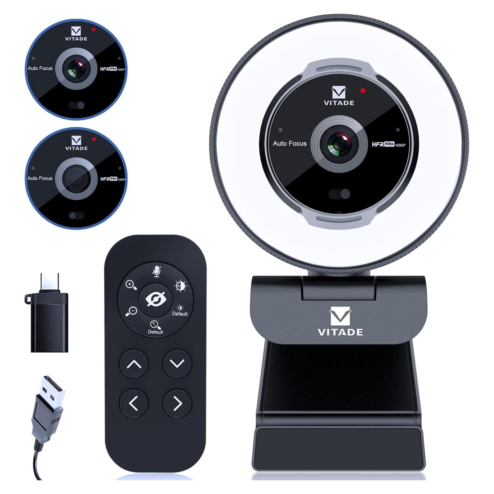 Cámara Web Vitade 1080P 60FPS con Zoom 5X y Luz Anular