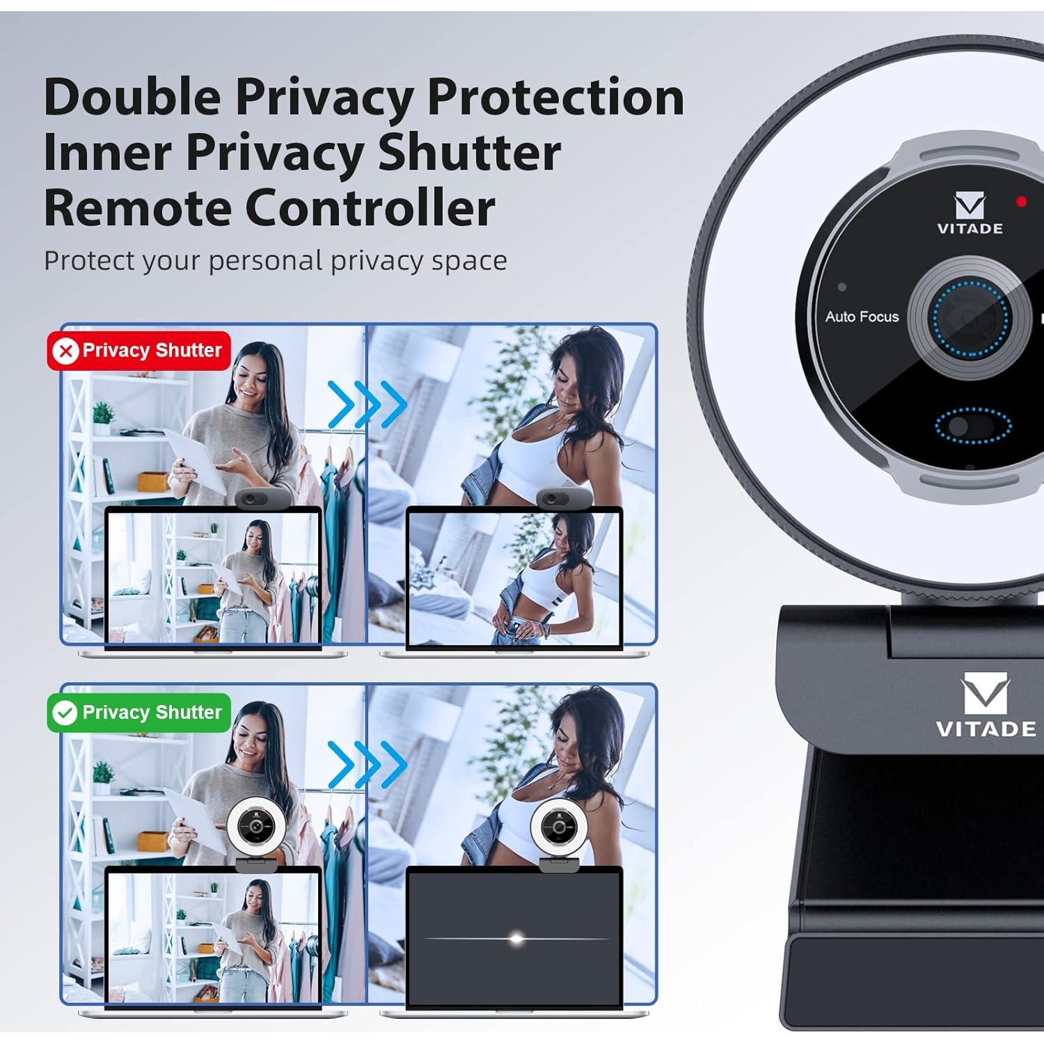 Cámara Web Vitade 1080P 60FPS con Zoom 5X y Luz Anular