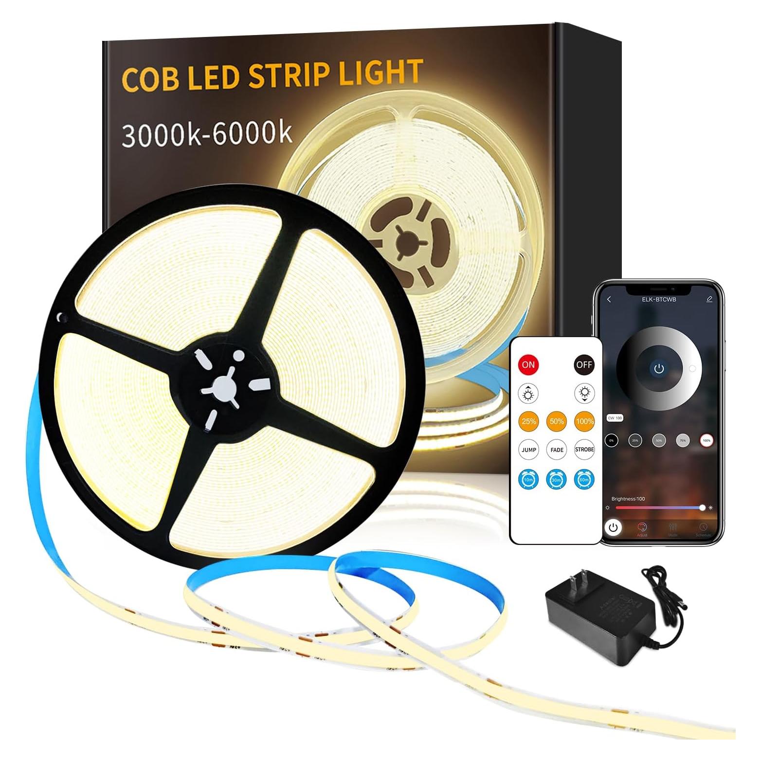 Tira LED COB 50 pies Yeewhale Luz Cálida Regulable 3000K