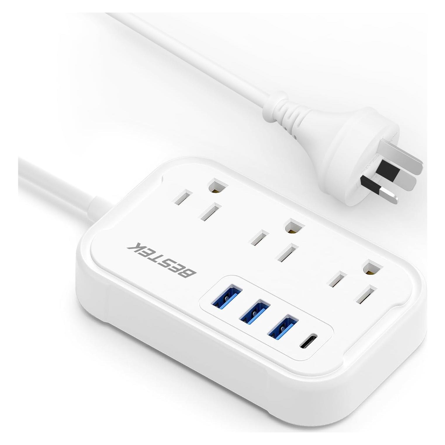 Adaptador de corriente internacional BESTEK Tipo I - 3 salidas CA y 4 USB