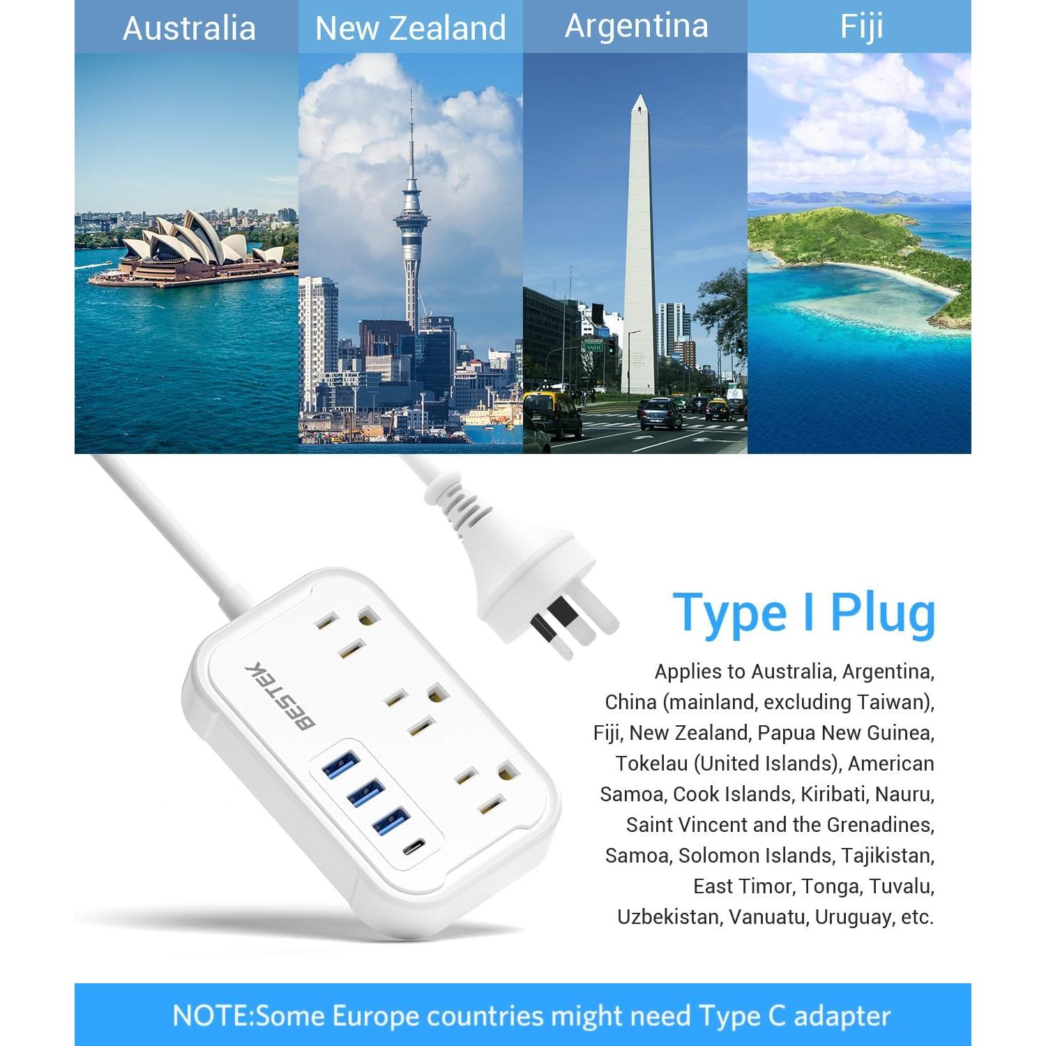 Adaptador de corriente internacional BESTEK Tipo I - 3 salidas CA y 4 USB