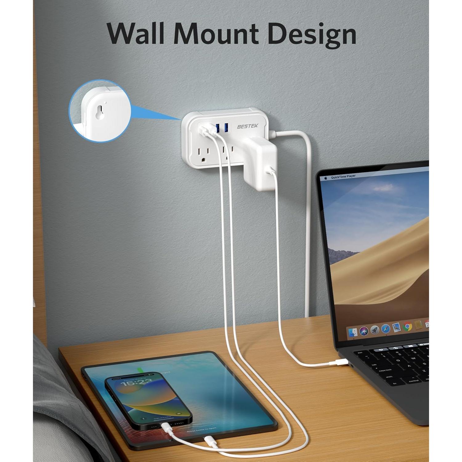 Adaptador de corriente internacional BESTEK Tipo I - 3 salidas CA y 4 USB