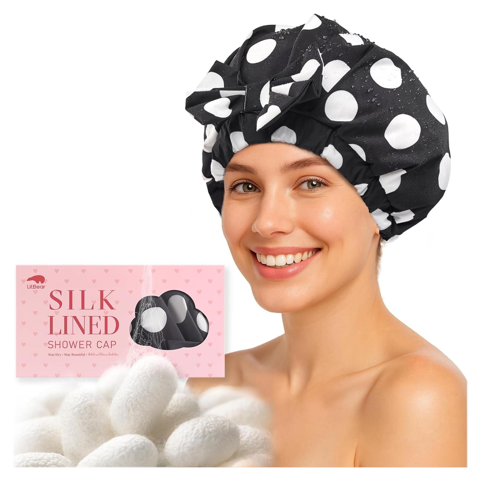 Gorro de Ducha de Seda LitBear Reutilizable Impermeable Puntos Negros