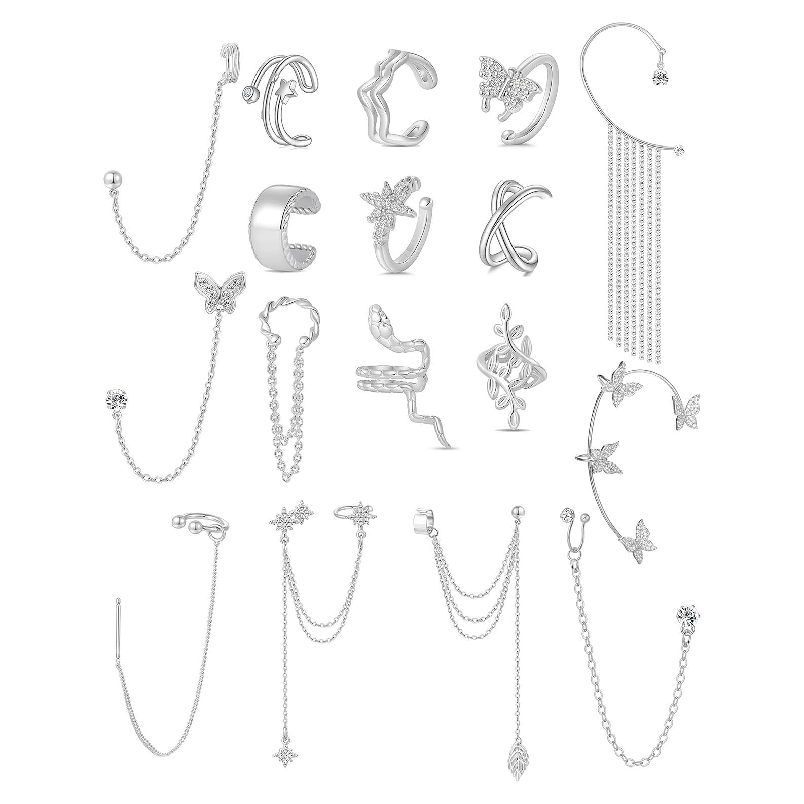 Aretes de Cadena Cuffs Tornito 17Pcs Plata y Oro No Perforados