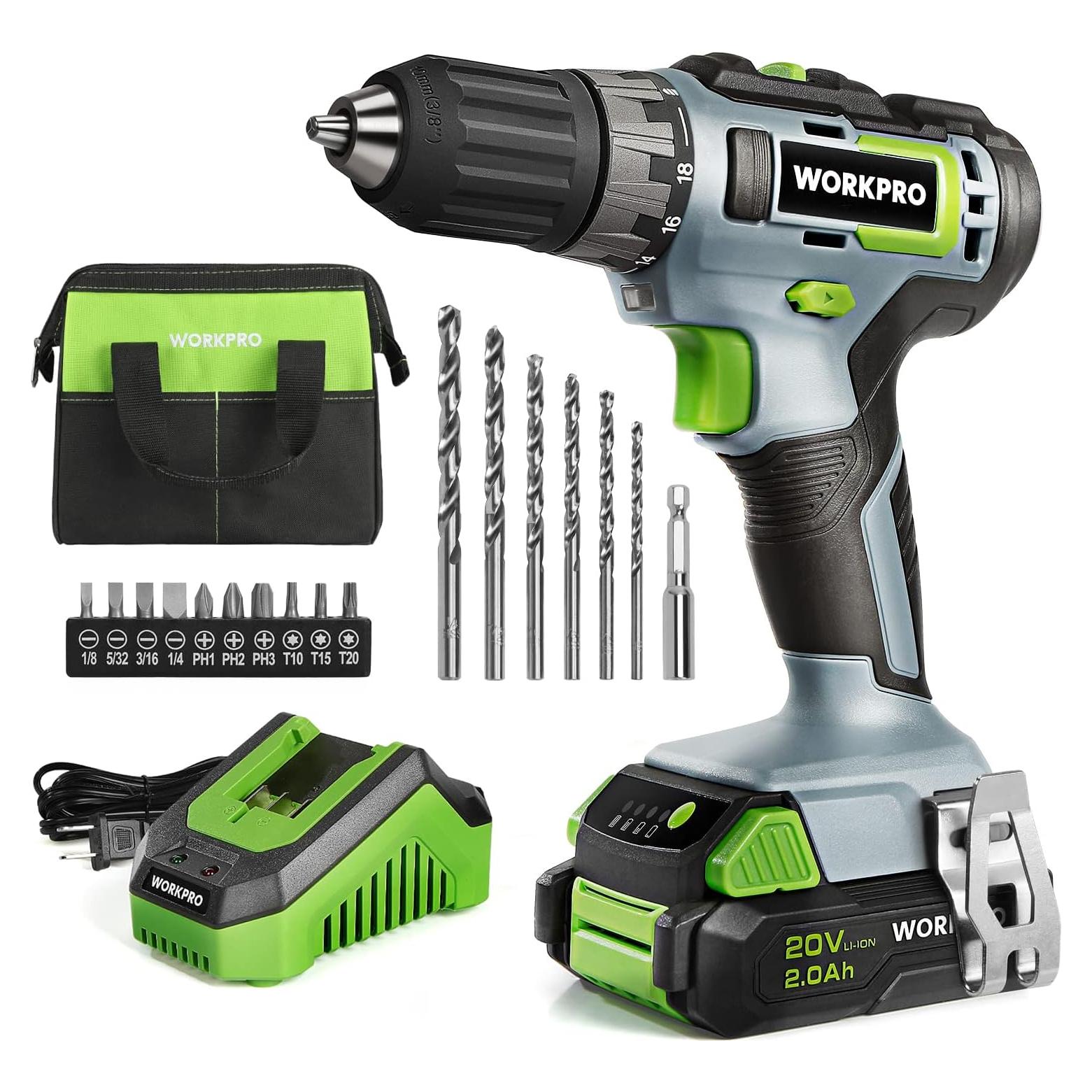 Taladro Inalámbrico WORKPRO 20V con Batería 2.0 Ah y Accesorios