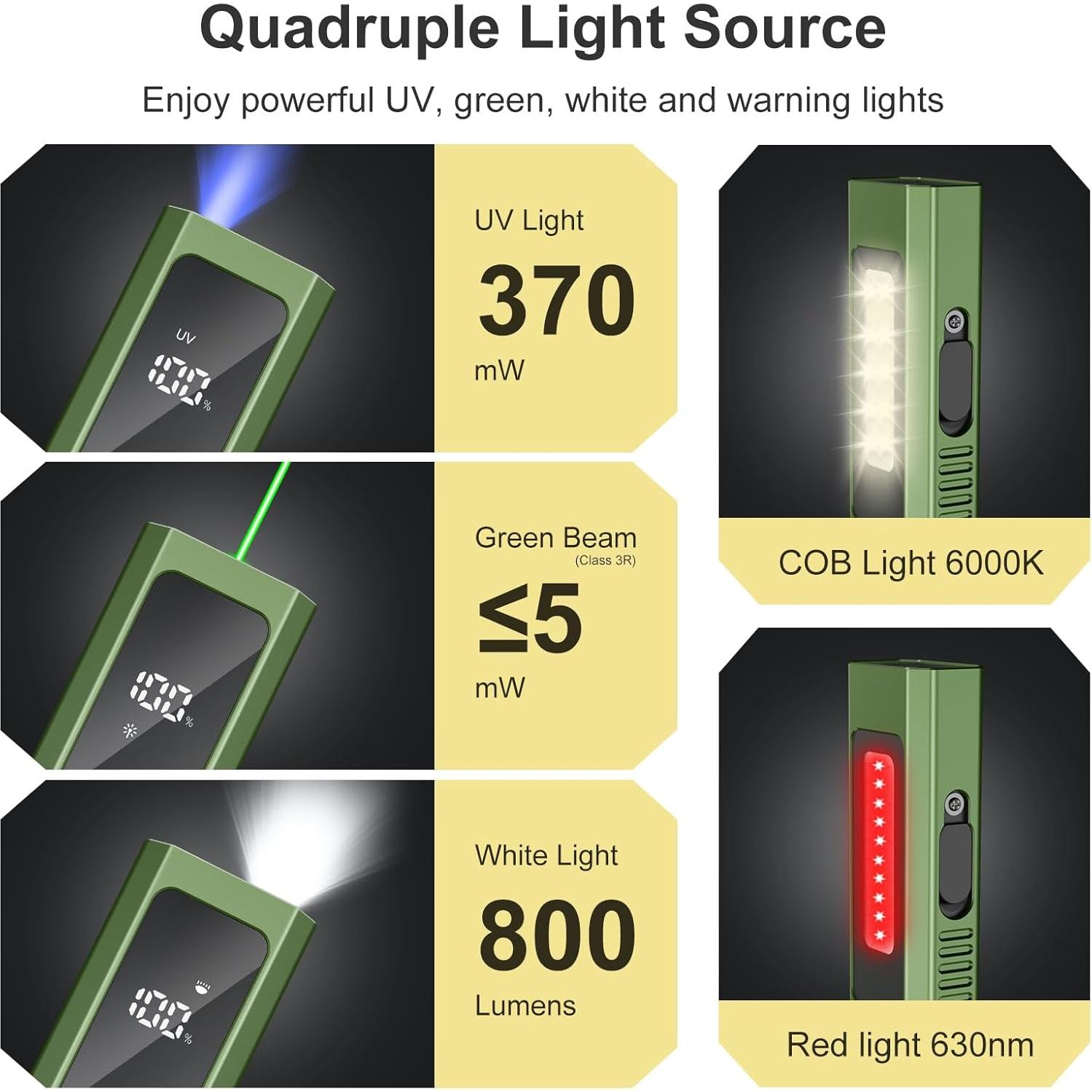 Linterna Recargable EDC Pro 4-en-1 800 Lúmenes Verde