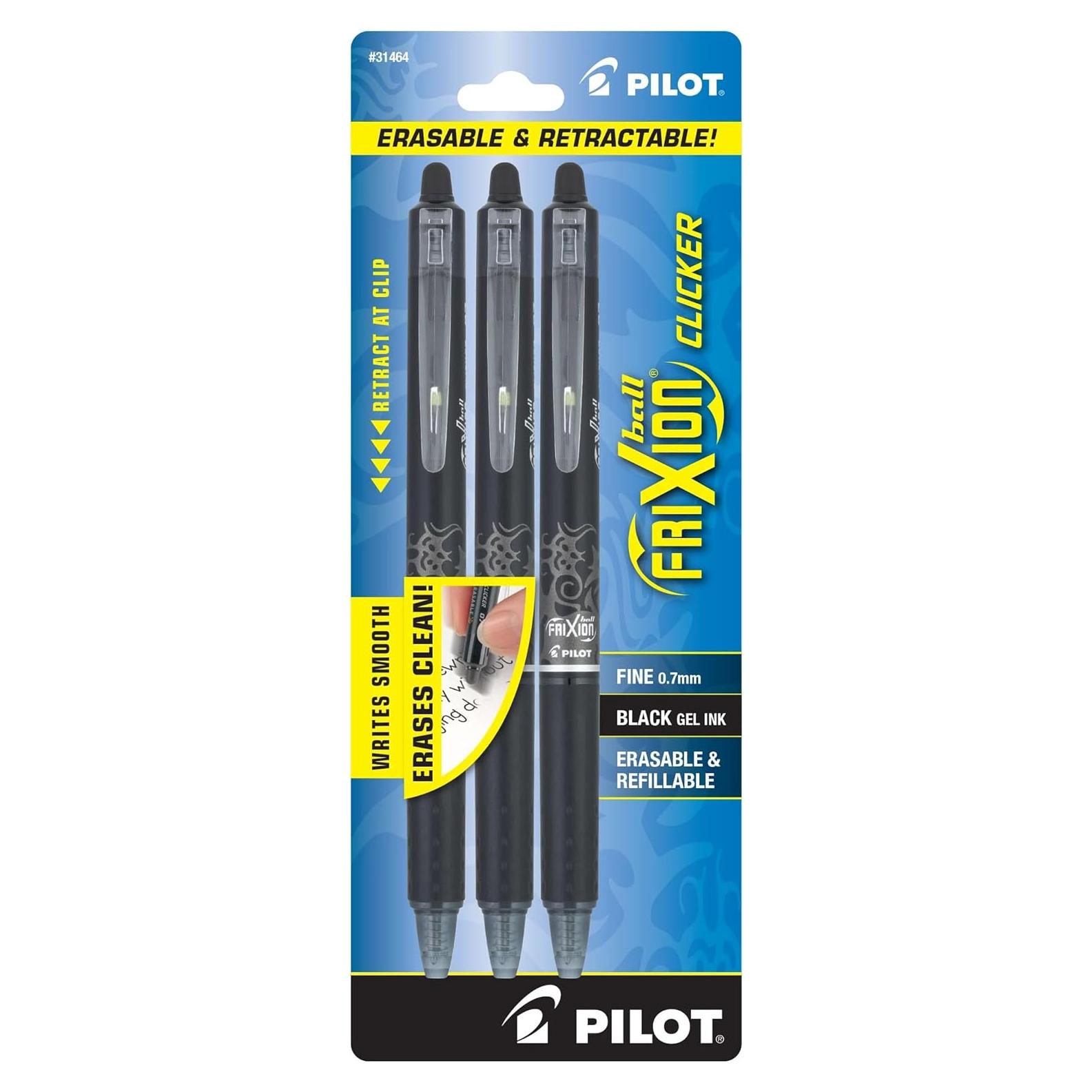 Bolígrafos Borrables Pilot FriXion Clicker Tinta Negra Paquete 3