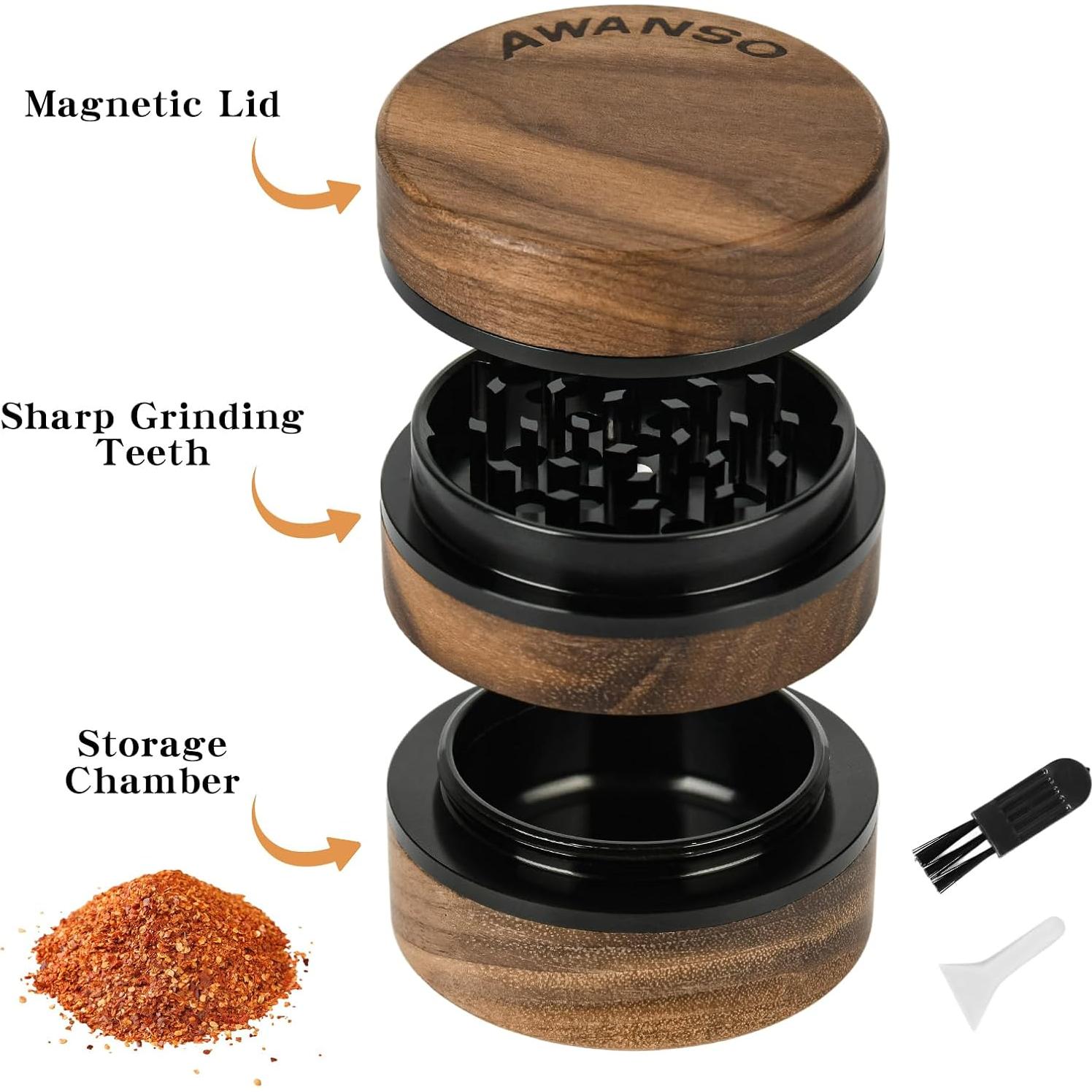 Molino de Especias Manual Awanso 3 Piezas Madera Nogal 6.35 cm