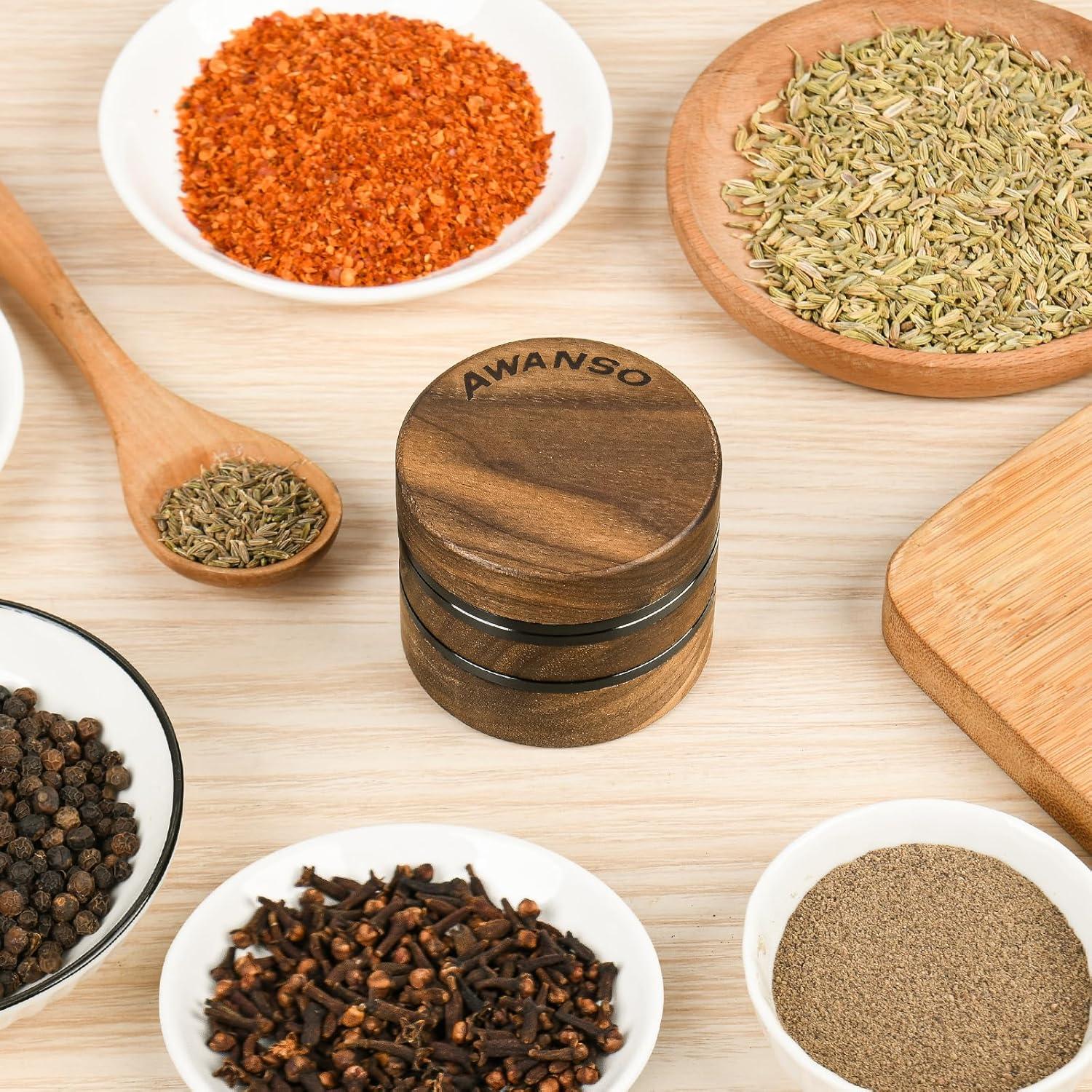 Molino de Especias Manual Awanso 3 Piezas Madera Nogal 6.35 cm
